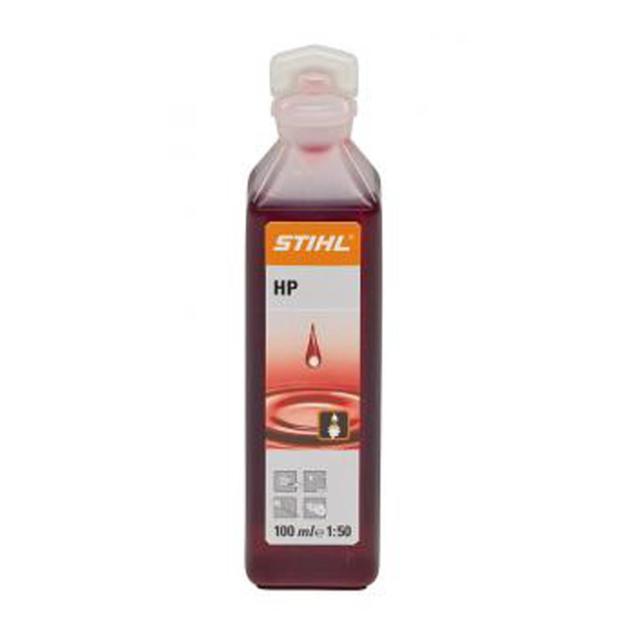 STIHL Huile moteur 2 temps hp pour mélange 1:50, bouteille 100 ml, pictogrammes de sécurité sur l'étiquette