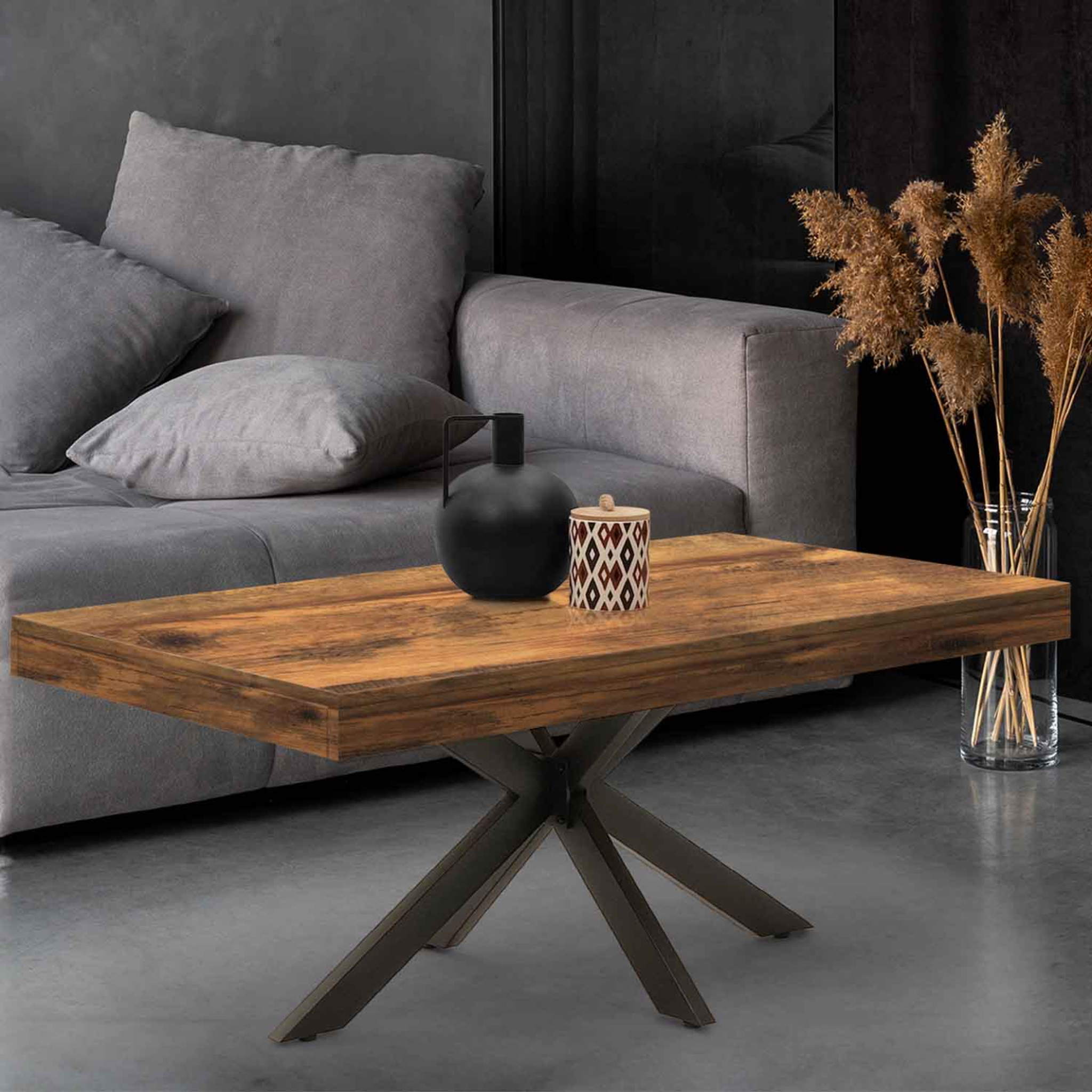 Voir la diapositive 2 : ID MARKET Table basse rectangulaire alix 110 cm pied araignée bois foncé effet vieilli et noir