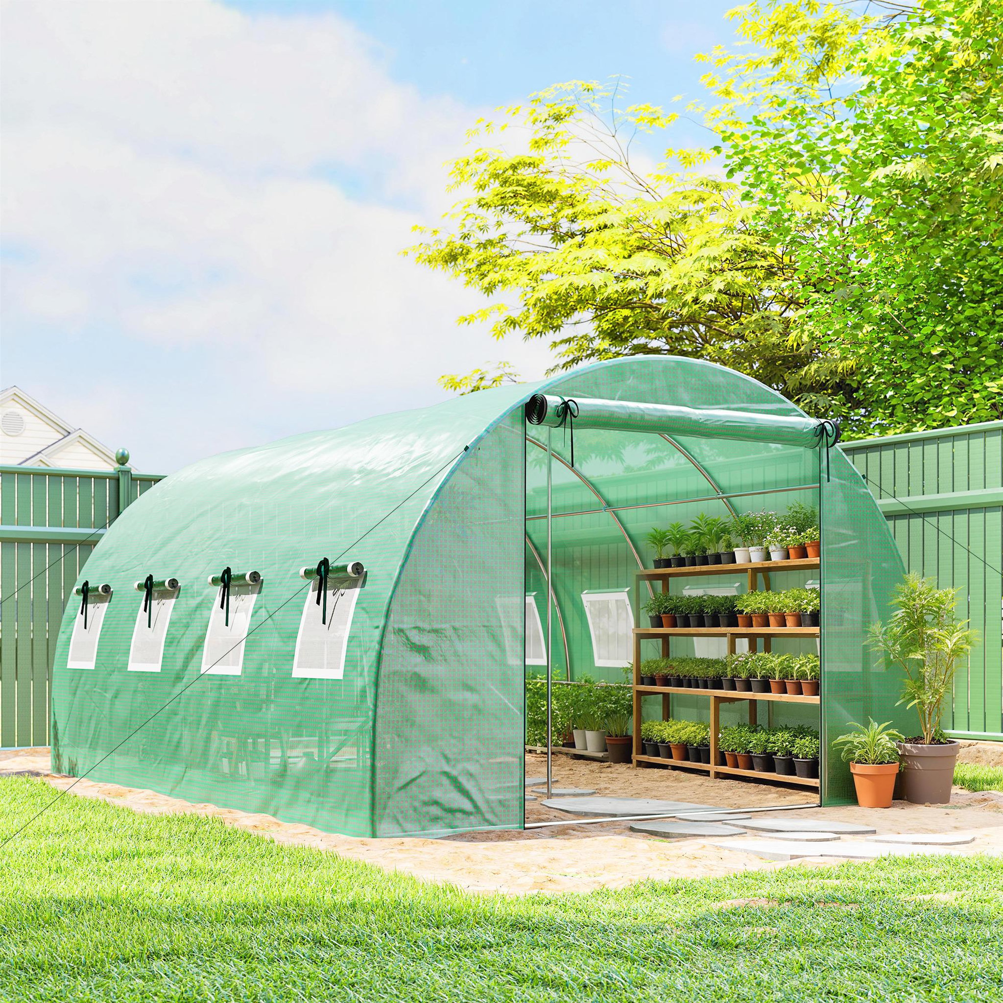 Voir la diapositive 2 : OUTSUNNY Serre tunnel de jardin - 12 m² - bâche pe 140 g/m² - 2 portes et 8 fenêtres - 295x400x200cm - bâche pe 140 g/m² - vert