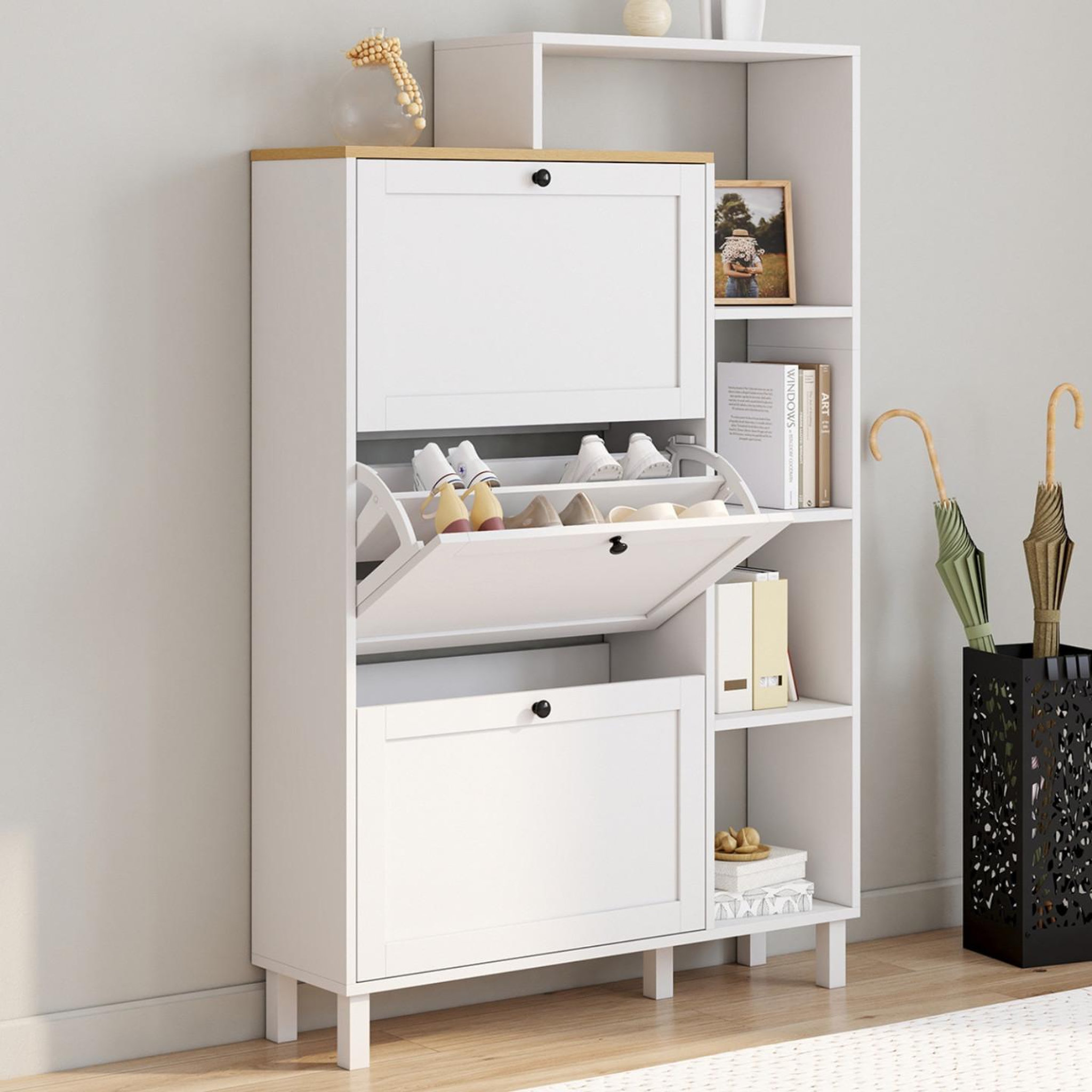 Voir la diapositive 2 : ID MARKET Meuble à chaussures 18 paires achille 3 portes blanc et plateau bois avec étagère