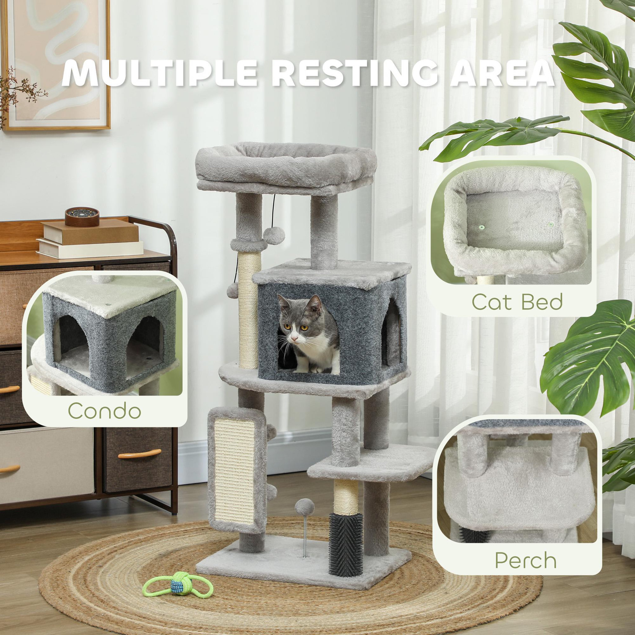 Voir la diapositive 5 : PAWHUT Arbre à chat h.104 cm - griffoir, grattoir, bande massante, jeux boules, niche, plateforme observation - gris
