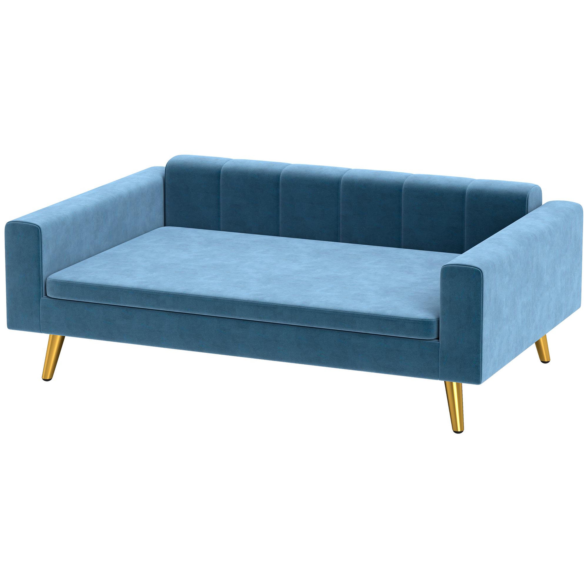 Voir la diapositive 1 : PAWHUT Canapé chien style art déco - dim. 94L x 59l x 31H cm - coussin amovible déhoussable - acier doré velours bleu