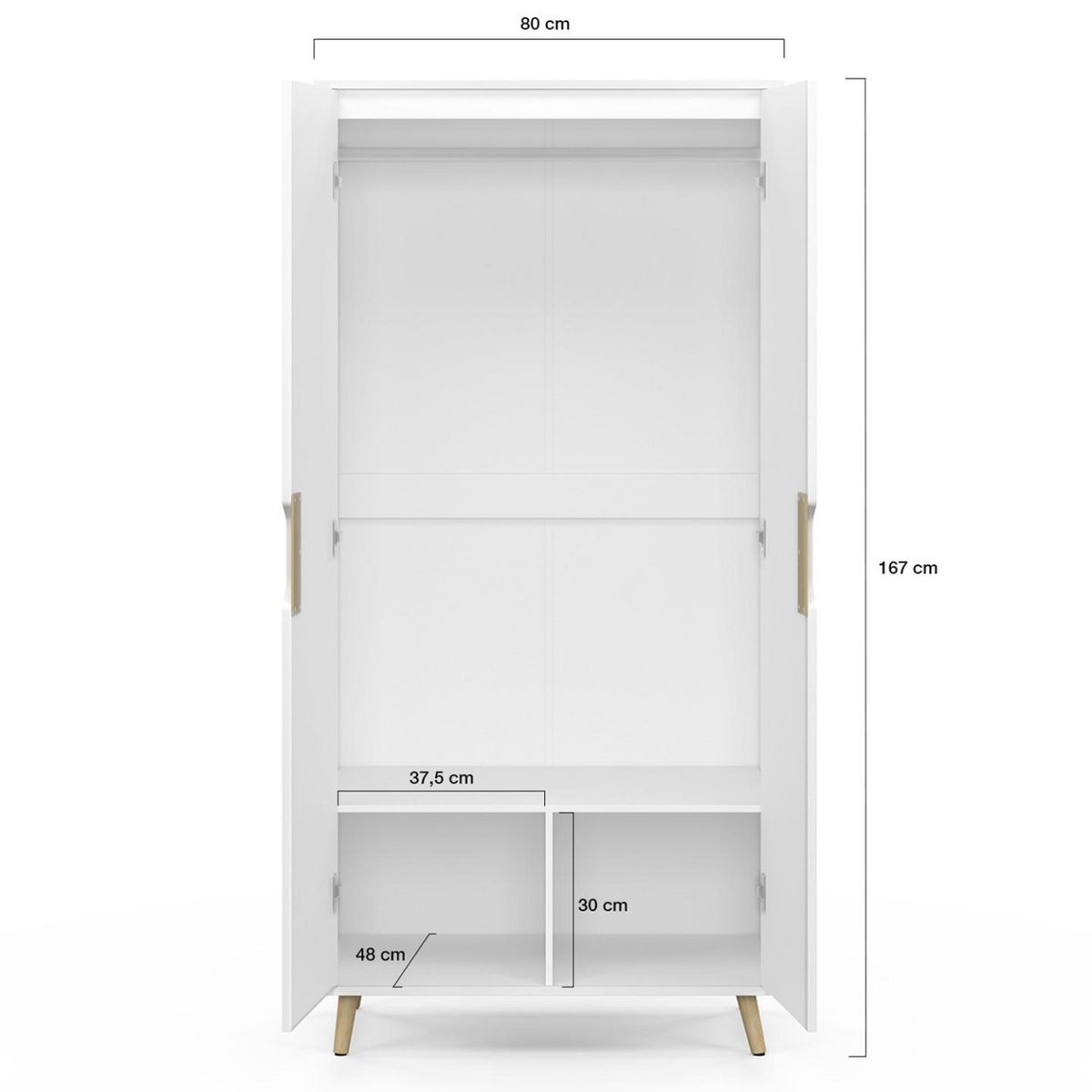ID MARKET Armoire 2 portes HELSINKI scandinave blanc penderie 80 cm avec étagères rangement maxi capacité