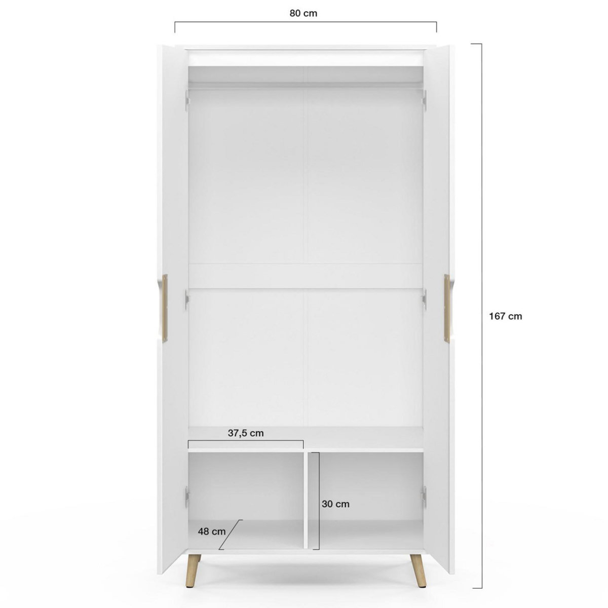 ID MARKET Armoire 2 portes HELSINKI scandinave blanc penderie 80 cm avec étagères rangement maxi capacité