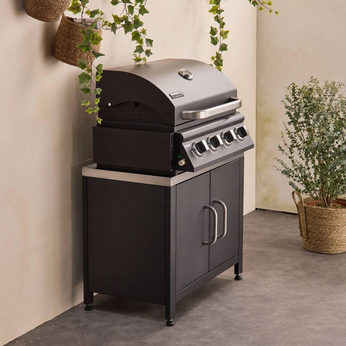 SWEEEK Barbecue à gaz avec 4 brûleurs à poser avec récupérateur de graisse + Meuble de cuisine extérieure en acier L80cm