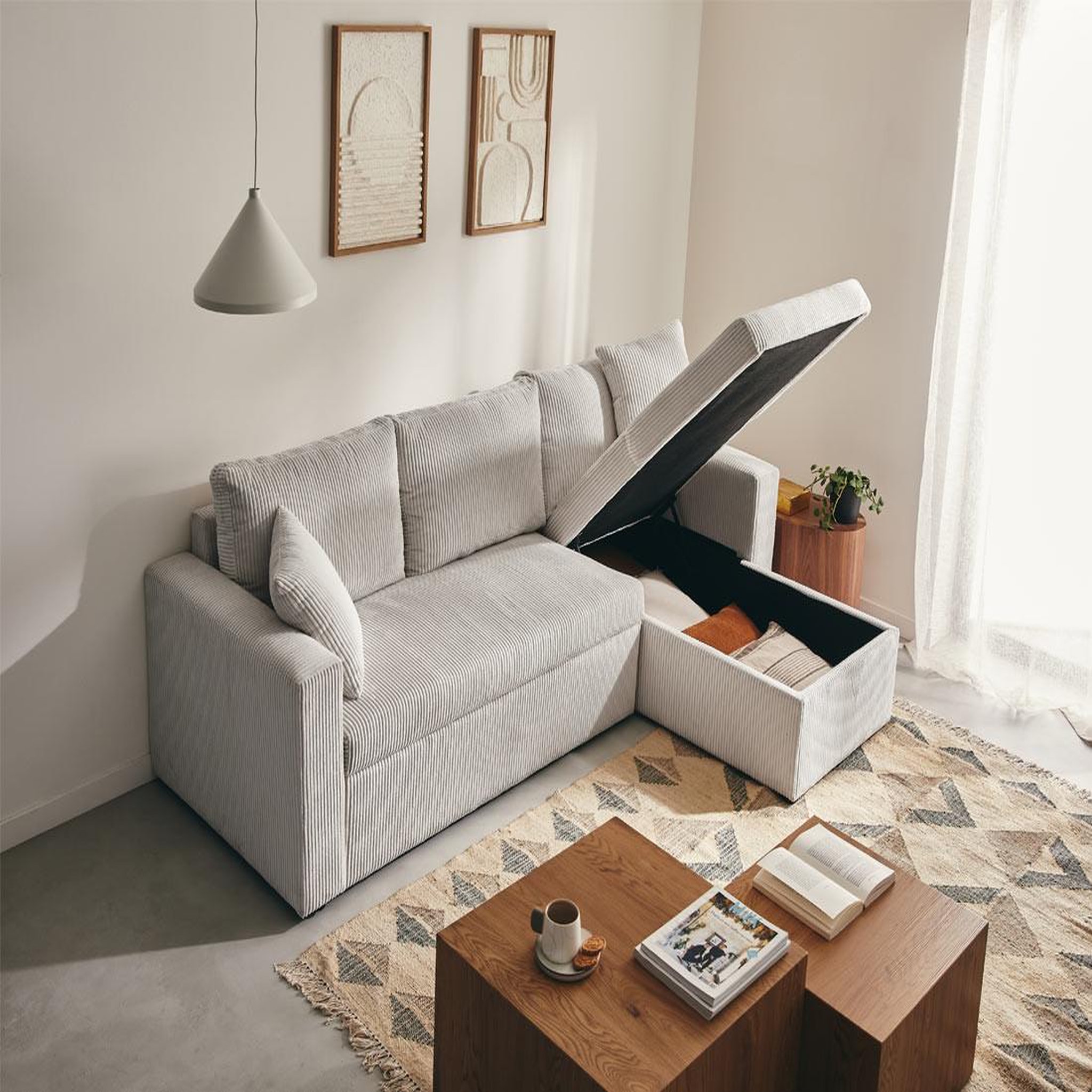 Voir la diapositive 4 : BEST MOBILIER Cyrus - canapé d'angle réversible 4 places - convertible avec coffre - en velours côtelé