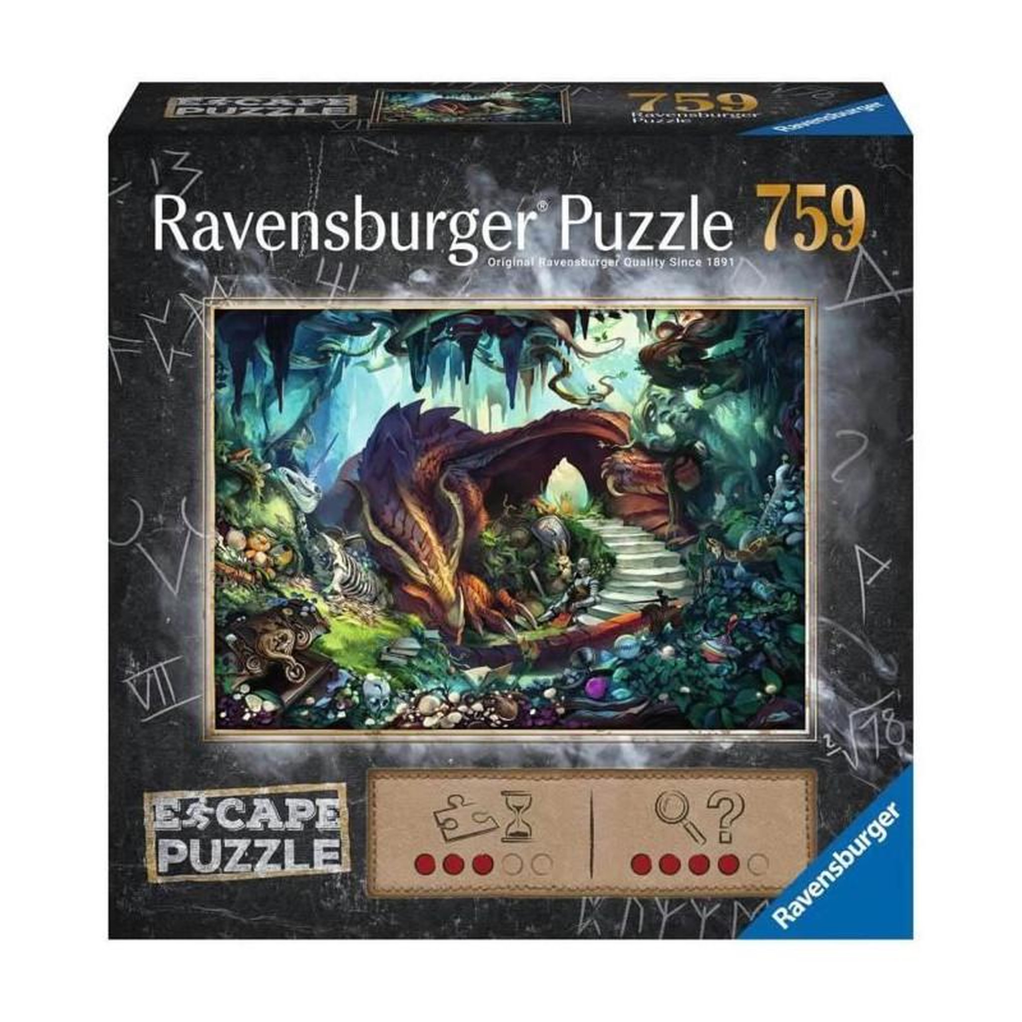 RAVENSBURGER Escape Puzzle 759 pièces Dans la grotte du dragon – Jeu d’énigmes – Adultes et enfants dès 12 ans – Inclus guide et solution