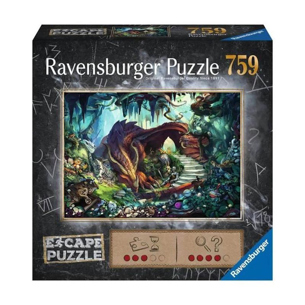 RAVENSBURGER Escape Puzzle 759 pièces Dans la grotte du dragon – Jeu d’énigmes – Adultes et enfants dès 12 ans – Inclus guide et solution
