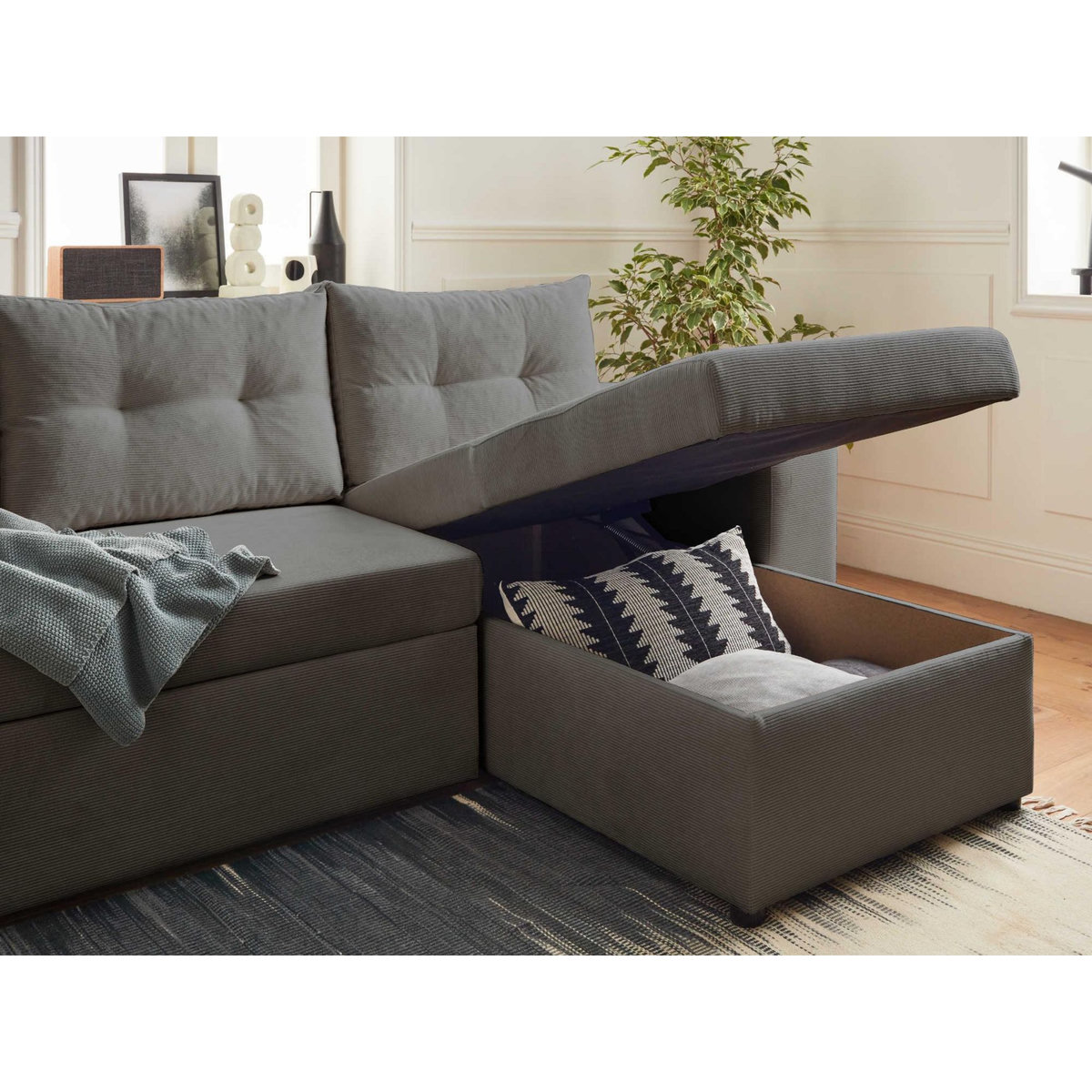 BEST MOBILIER California - canapé d'angle réversible convertible - avec coffre, tablette et poufs - en velours côtelé - 4 places