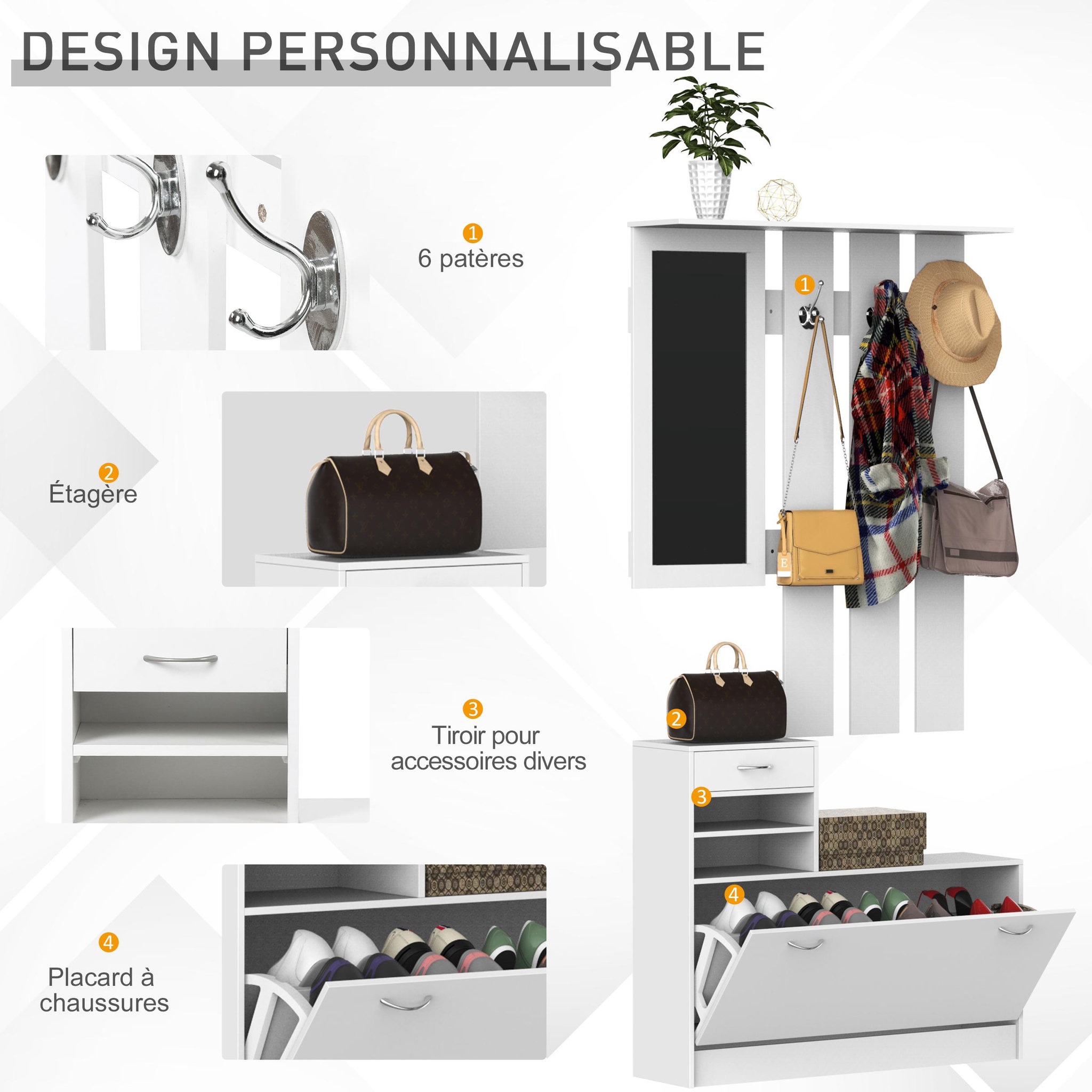 Voir la diapositive 5 : HOMCOM Ensemble de meubles d'entrée design contemporain : meuble chaussures, miroir et panneau porte-manteau panneaux de particules blanc