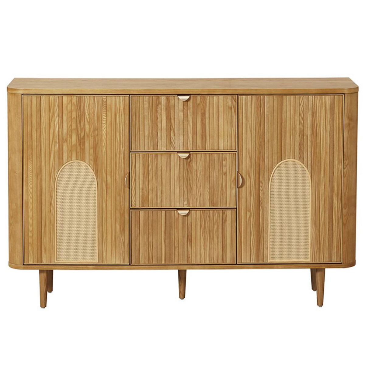 LISA DESIGN Milazzo - buffet bas - bois plaqué chêne et cannage - 3 tiroirs et 2 portes - 160 cm