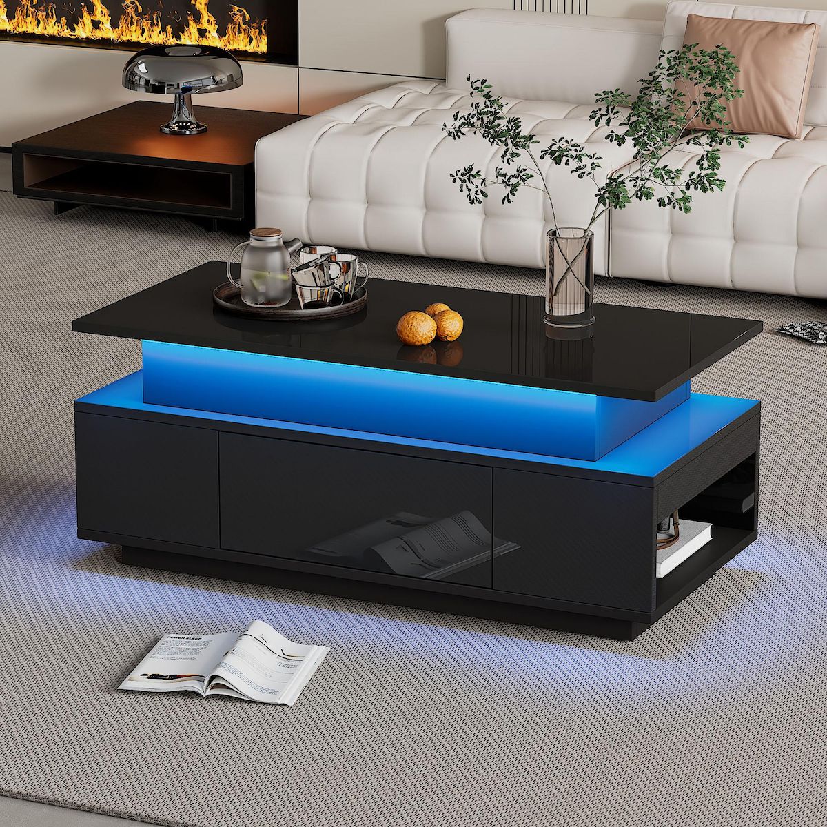 MERAX Table basse relevable rectangulaire noir - 45x96 cm led panneau de particules