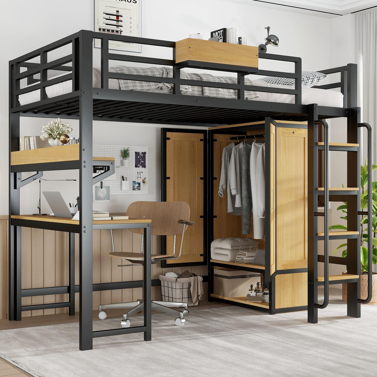 MERAX Lit mezzanine 90x200 cm coloris noir+naturel métal