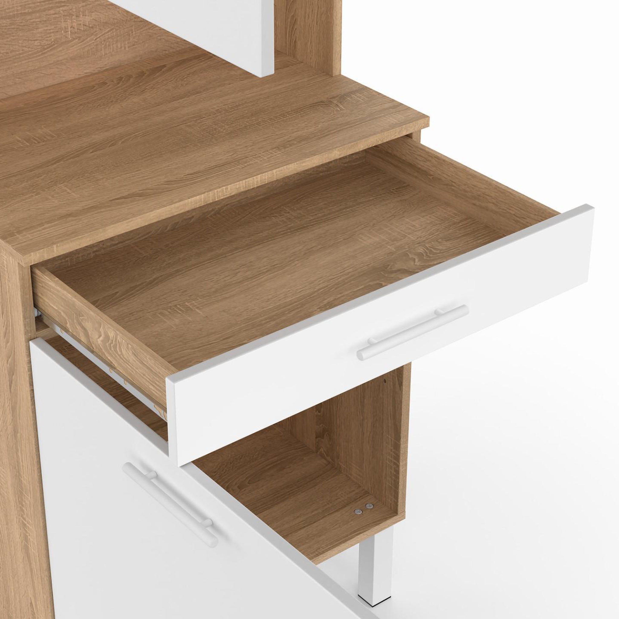 Voir la diapositive 6 : ID MARKET Buffet de cuisine 60 cm cina 2 portes + tiroir façon hêtre et blanc