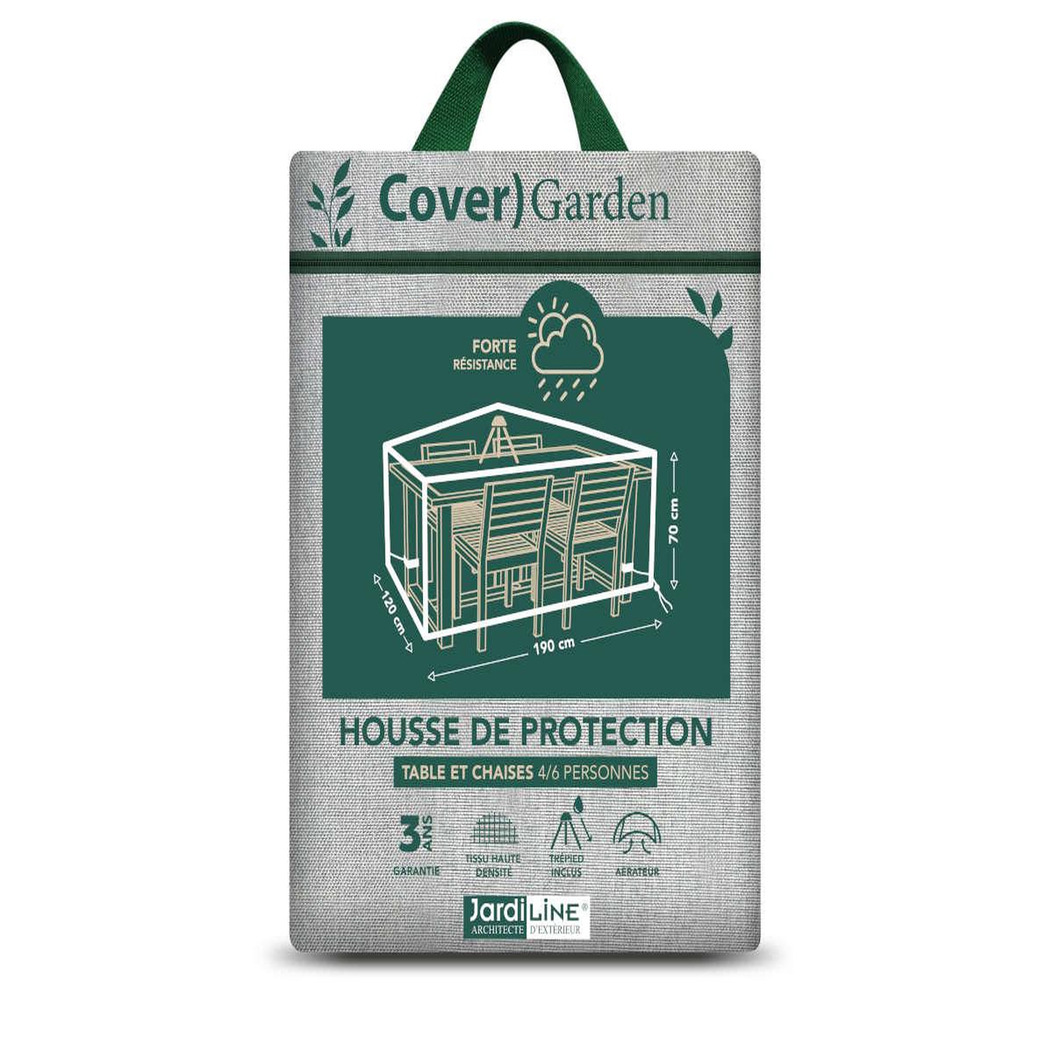 Jardiline Housse de protection cover garden pour table rectangulaire 4-6 personnes + chaises, avec trépied - 190 x 120 x 70 cm - jardiline