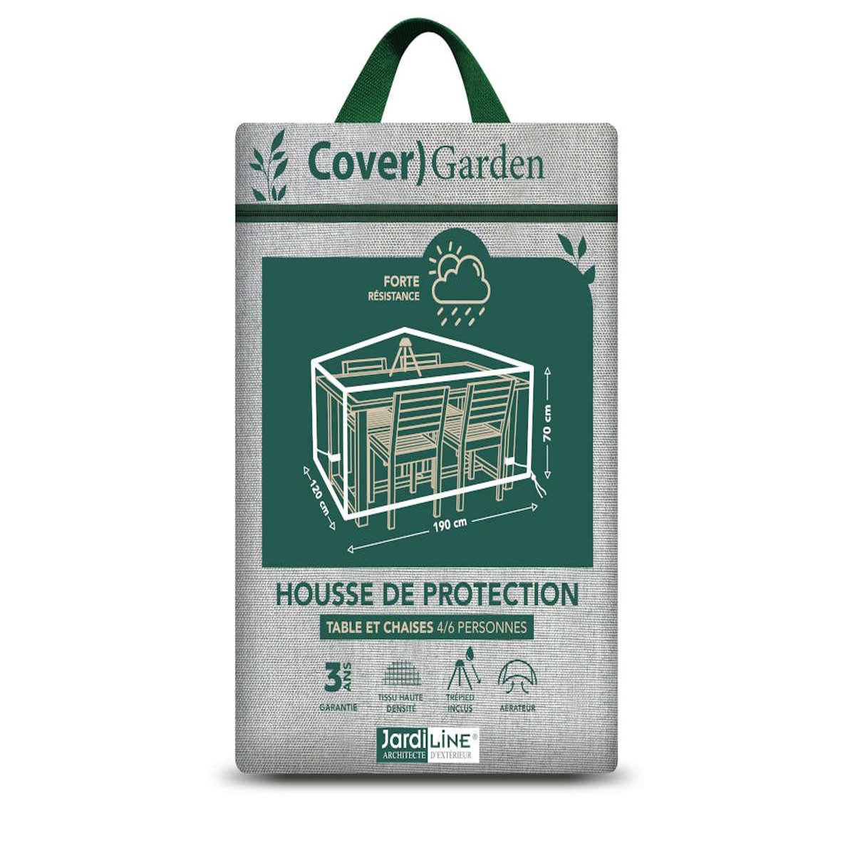 Jardiline Housse de protection Cover Garden pour table rectangulaire 4-6 personnes + chaises, avec trépied - 190 x 120 x 70 cm - Jardiline
