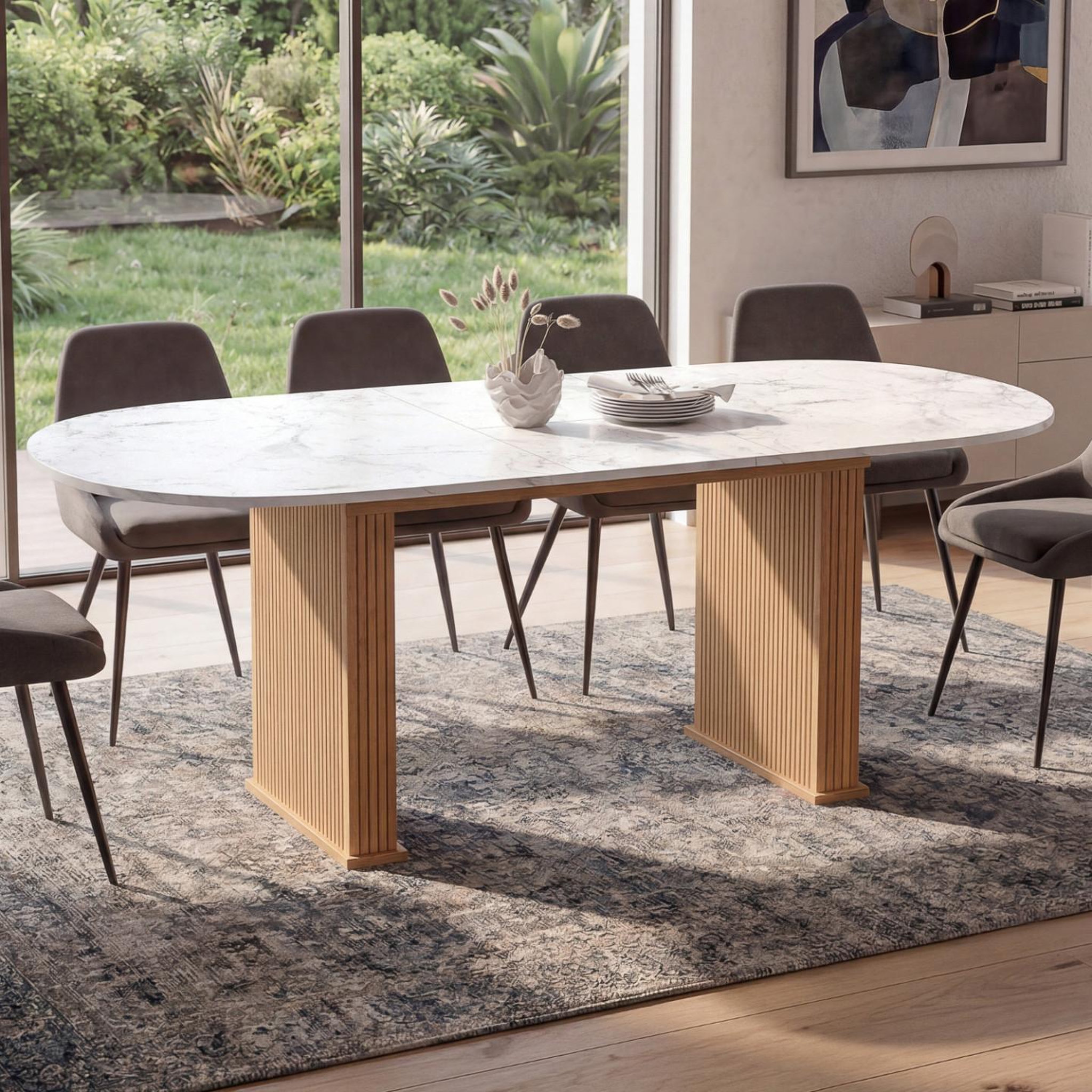 Voir la diapositive 2 : ID MARKET Table à manger extensible ovale juliette 6-10 personnes pieds effet lattes et plateau effet marbre alaska 160-200 cm