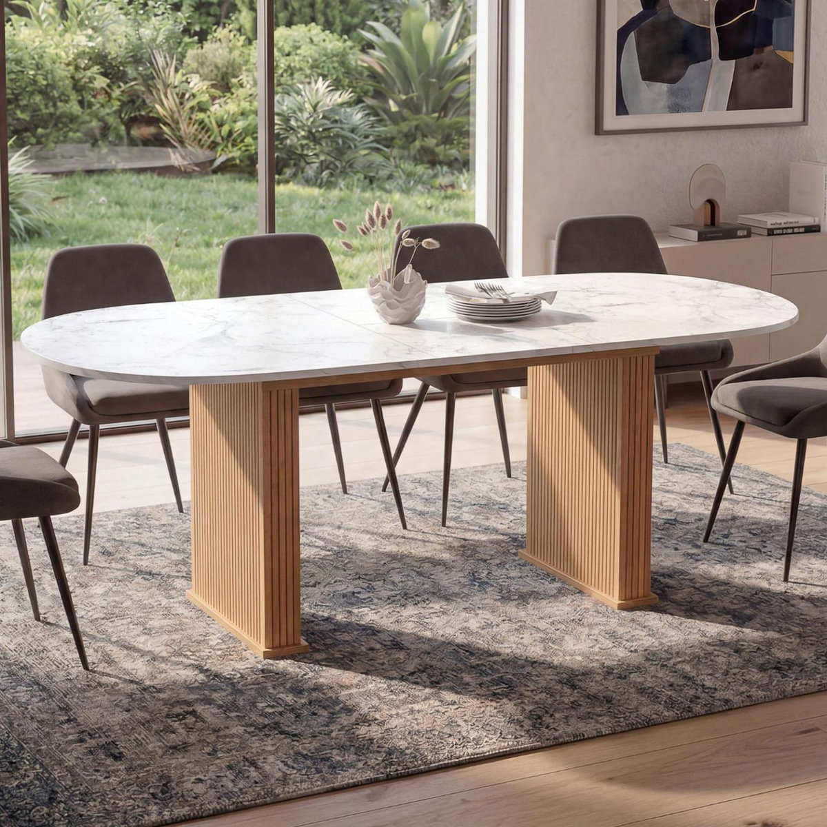 ID MARKET Table à manger extensible ovale JULIETTE 6-10 personnes pieds effet lattes et plateau effet marbre ALASKA 160-200 cm
