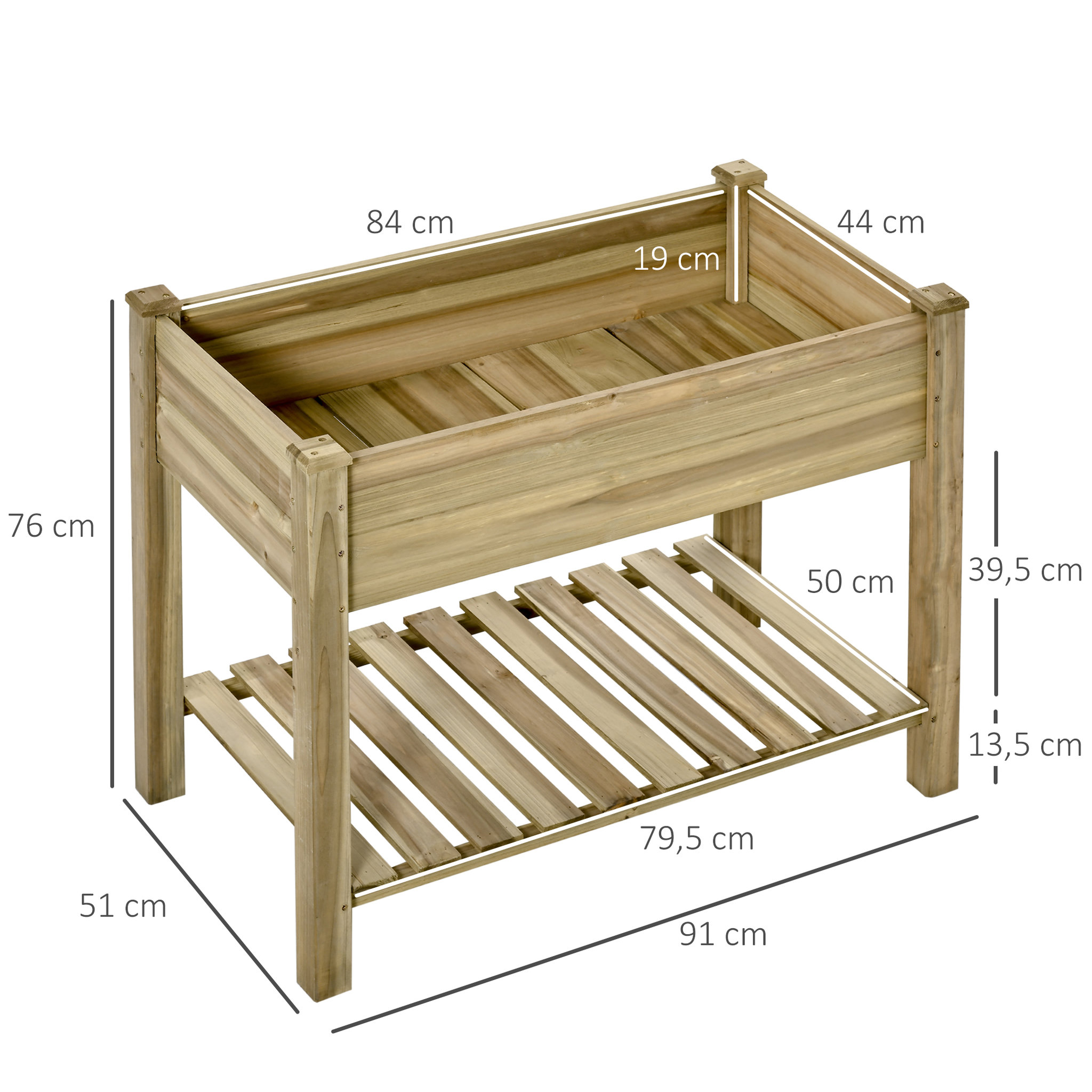 Voir la diapositive 3 : OUTSUNNY Jardinière sur pieds potager avec étagère à lattes dim. 91L x 51l x 76H cm bois sapin autoclave