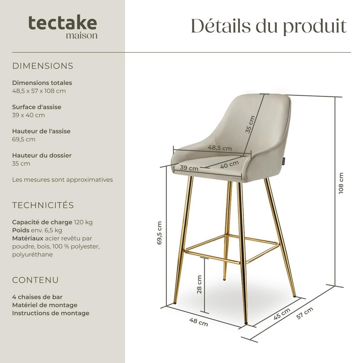 tectake Tabouret de bar en aspect velours rembourré crème/or Ensemble de 4 pièces