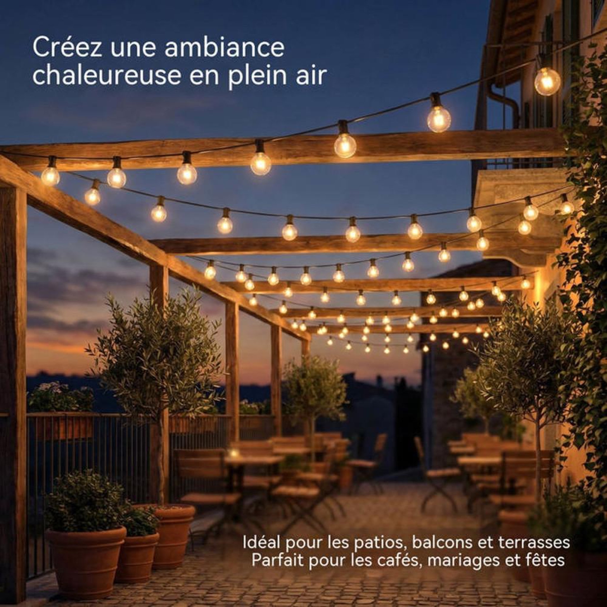 Voir la diapositive 5 : NO BRAND Guirlande lumineuse extérieure 30 m 50 ampoules G40 blanc chaud + 4 de rechange IP44 abat-jour verre
