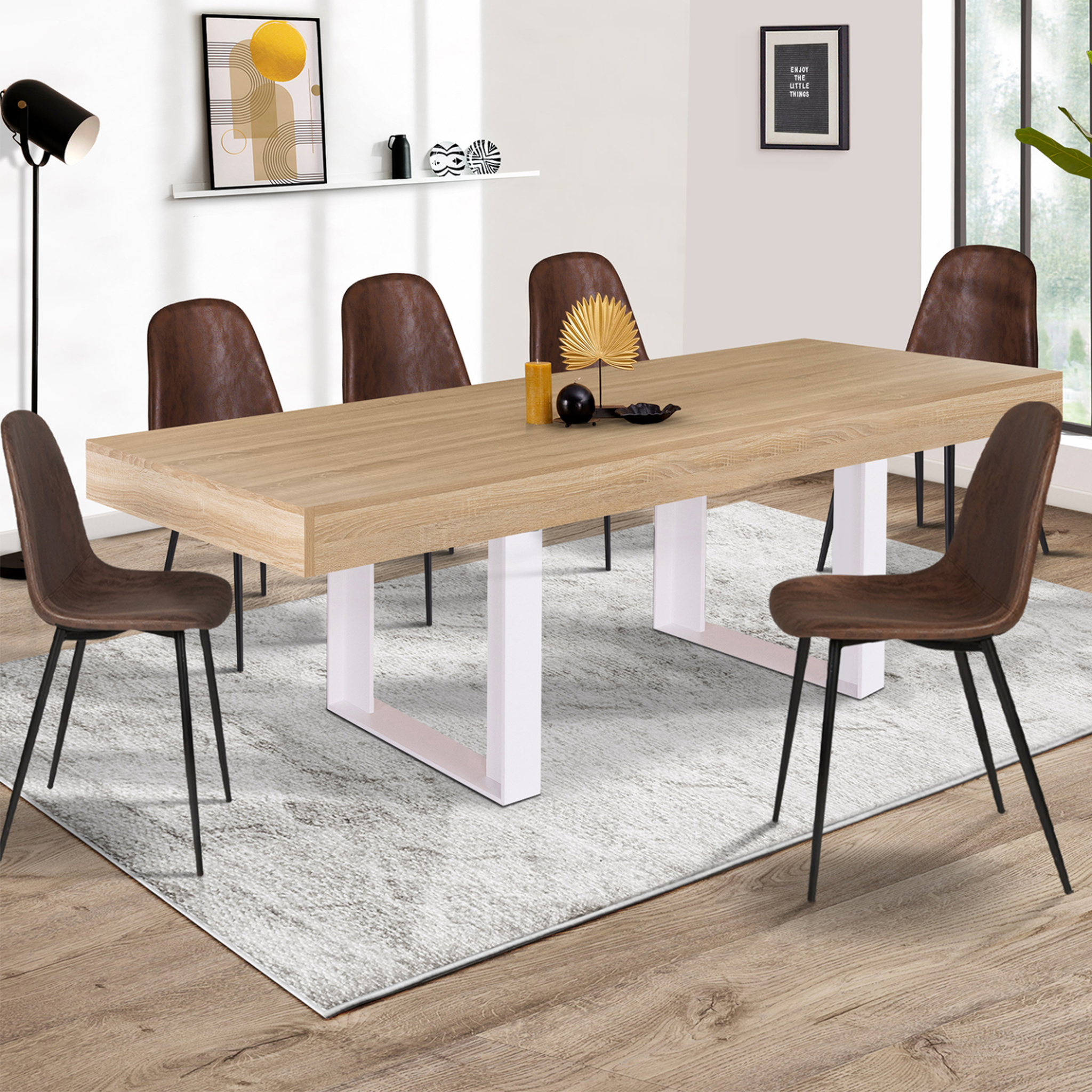 Voir la diapositive 2 : ID MARKET Table à manger rectangle phoenix 8 personnes bois et blanc 200 cm