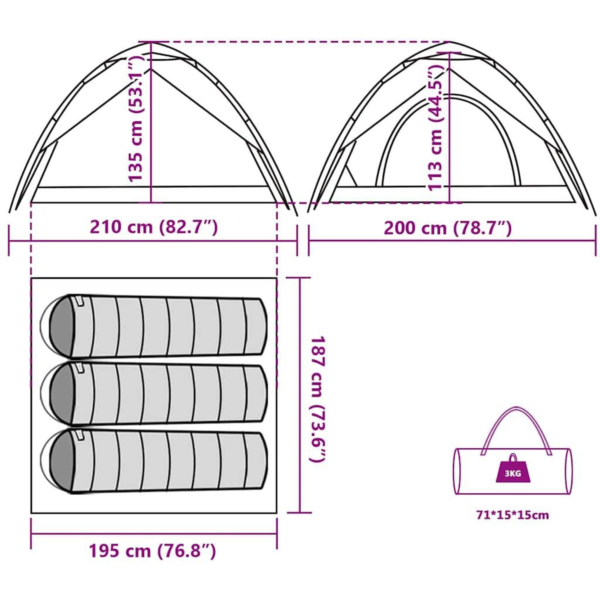 Voir la diapositive 6 : VIDAXL Tente de camping a dome 3 personnes bleu liberation rapide