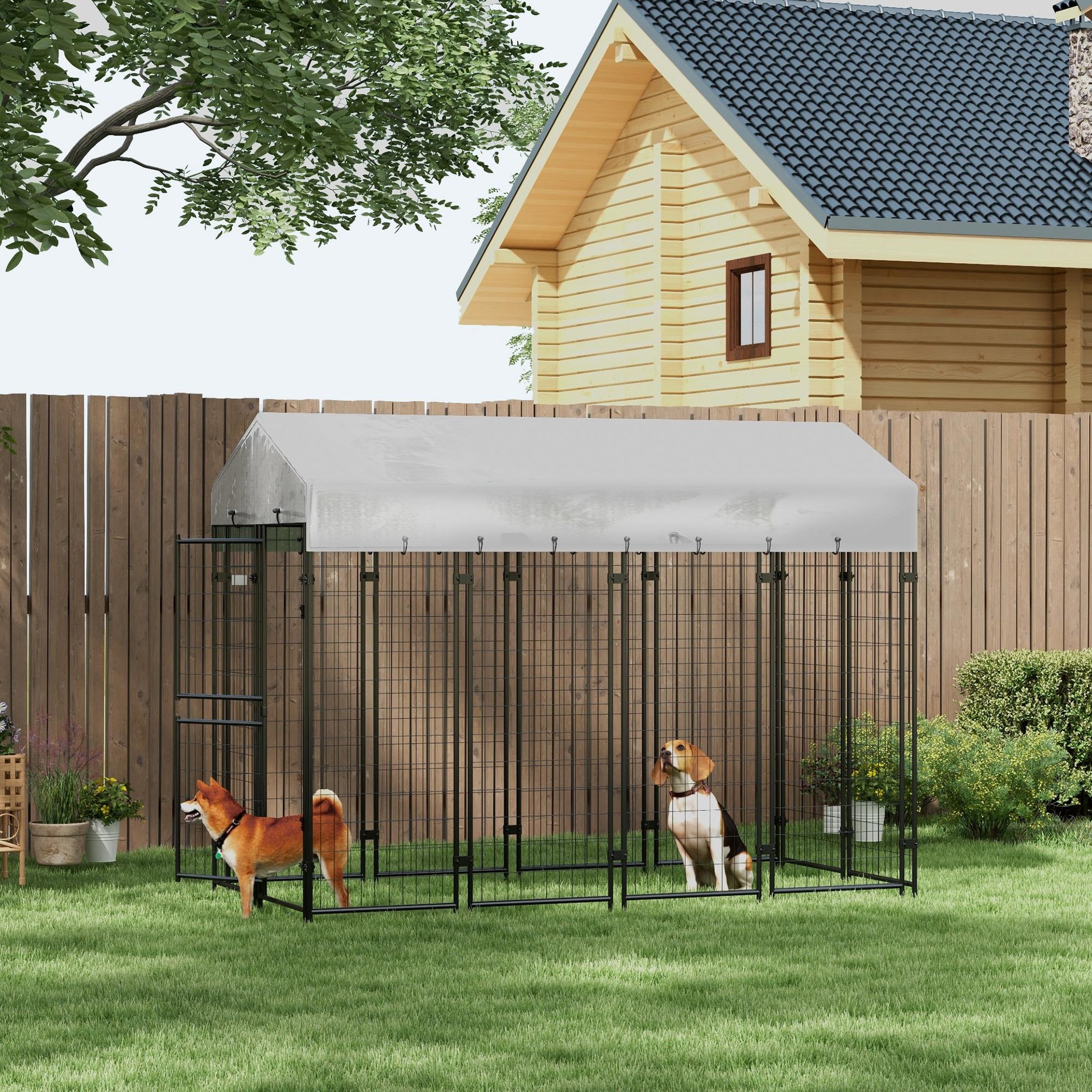 Voir la diapositive 4 : PAWHUT Chenil extérieur chien - cage chien - enclos chien - toile toit imperméable anti-uv, 2 portes verrouillables - acier noir pe gris