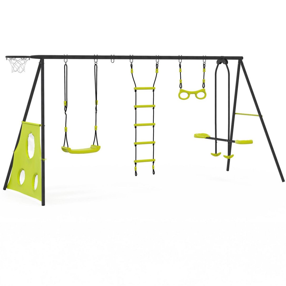 ID MARKET Balançoire 4 agrès portique avec balançoire face à face trapèze échelle panier de basket et buts de foot