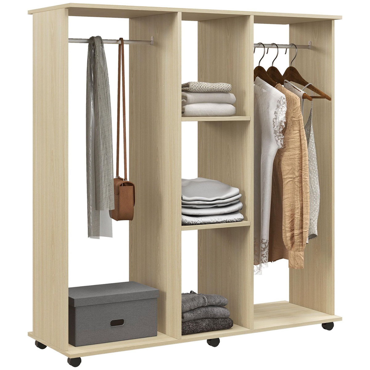 HOMCOM Armoire penderie meuble de rangement mobile 6 roulettes 120L x 40l x 128H cm panneaux de particules aspect bois chêne