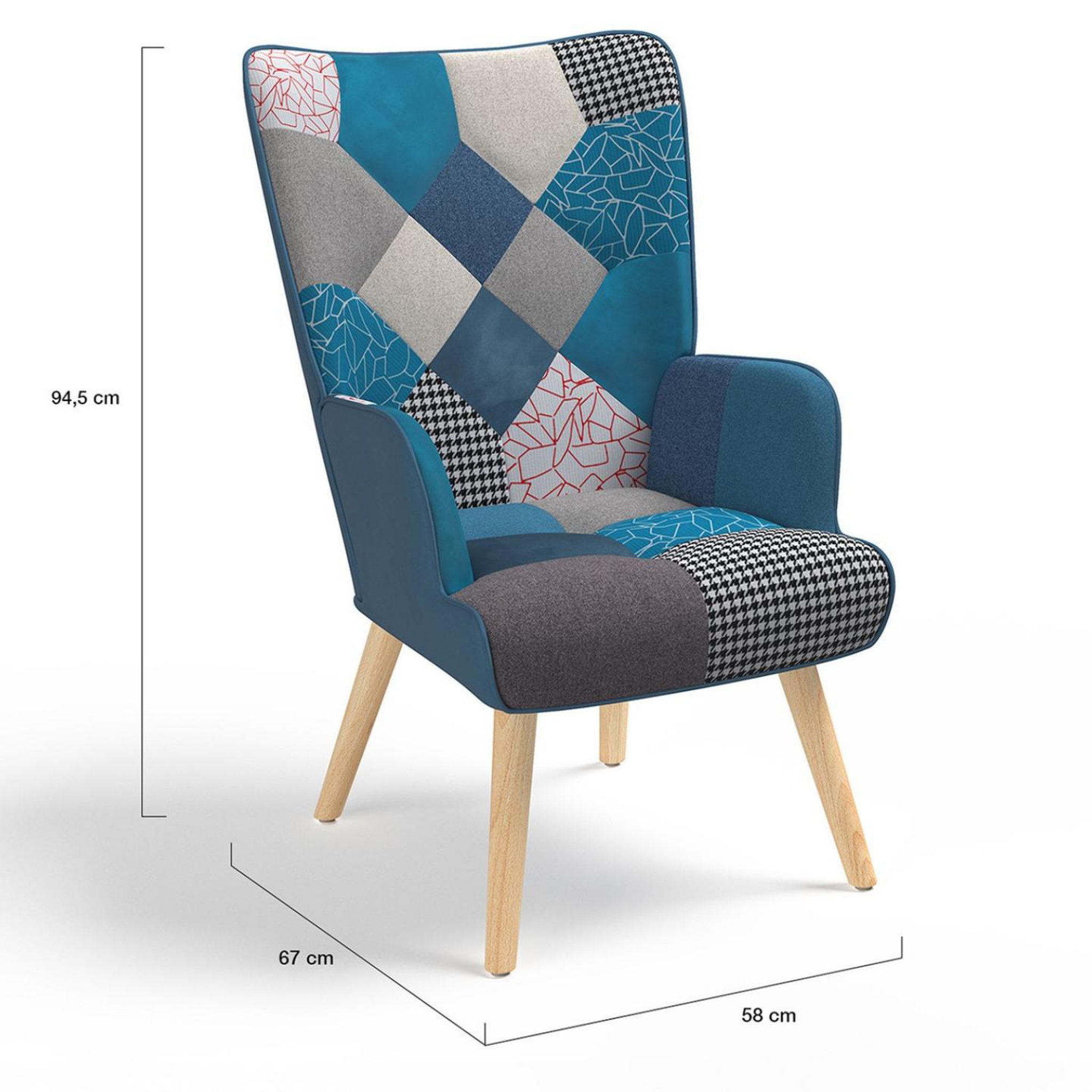 Voir la diapositive 6 : ID MARKET Fauteuil scandinave ivar avec repose pieds en tissu patchwork et velours bleu
