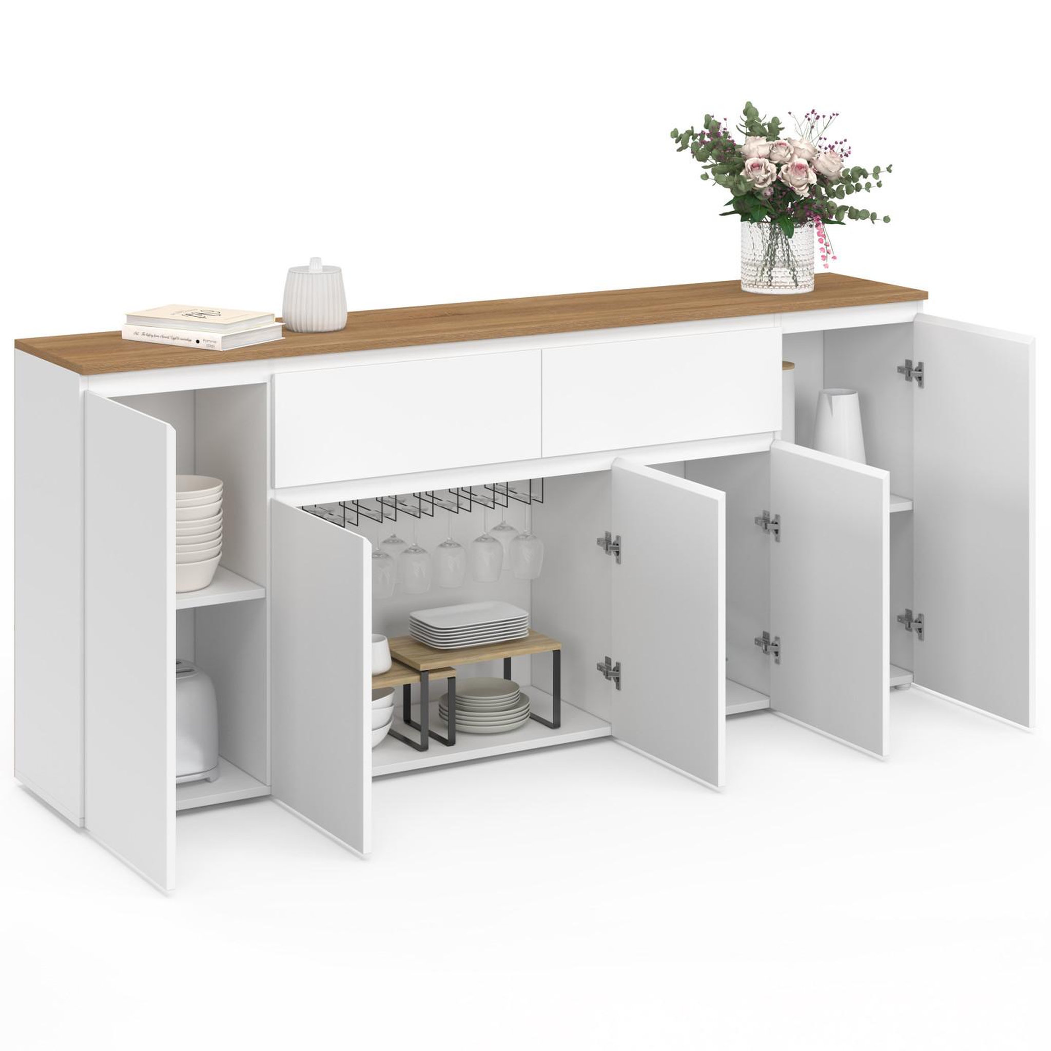 Voir la diapositive 4 : ID MARKET Buffet 180 cm TOBY 5 portes et 2 tiroirs blanc et plateau bois