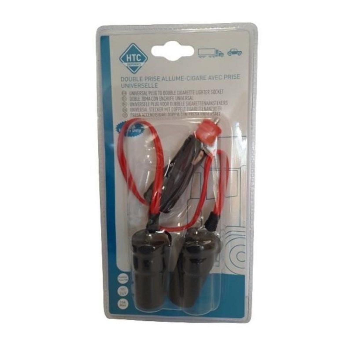 HTC EQUIPEMENT Double prise allume-cigare 12/24V - HTC EQUIPEMENT - Avec prise universelle 10A et Cable rouge 20cm