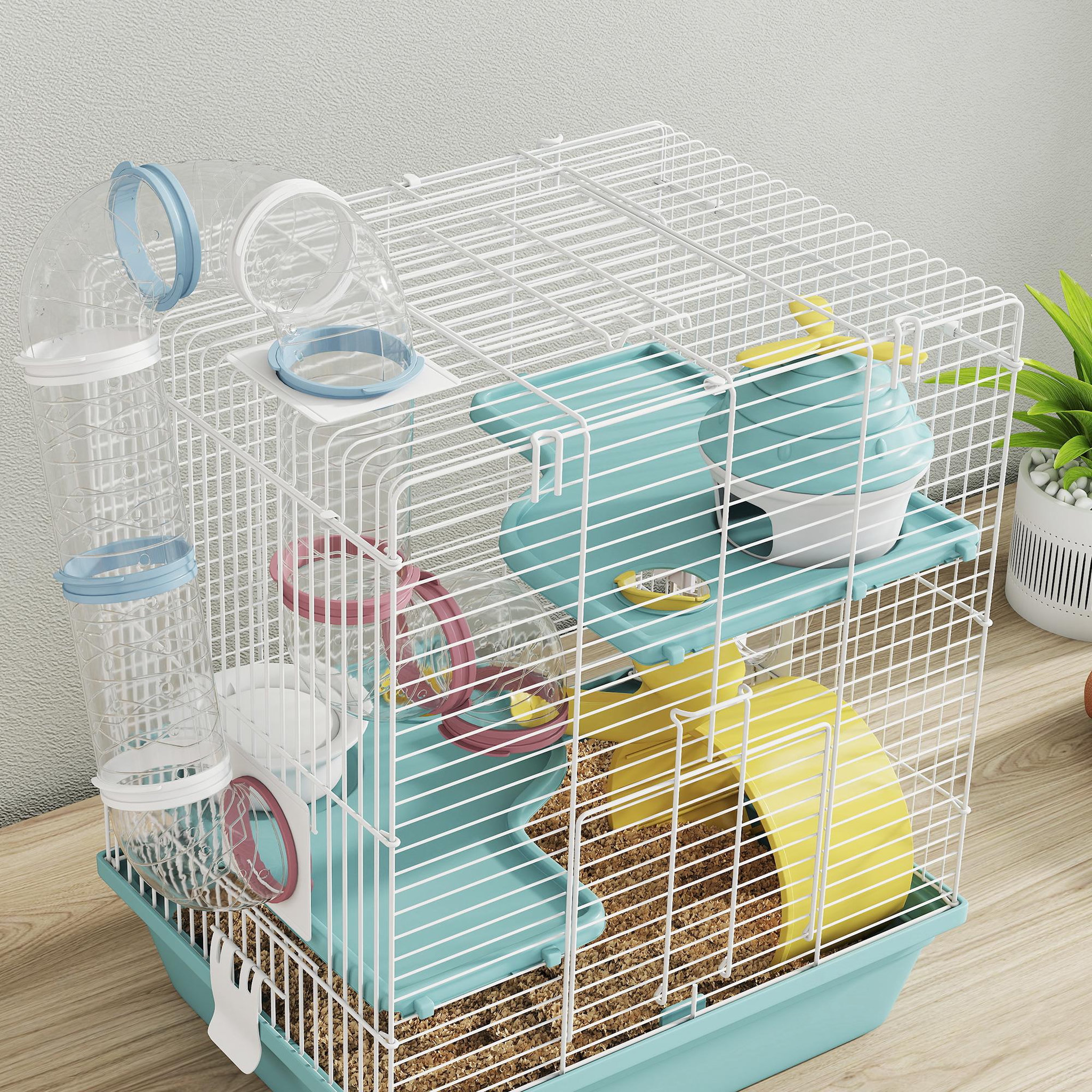 Voir la diapositive 6 : PAWHUT Cage rongeur hamster 3 niveaux cabane roue tunnel toboggan biberon mangeoire 34 x 27 x 41 cm blanc bleu