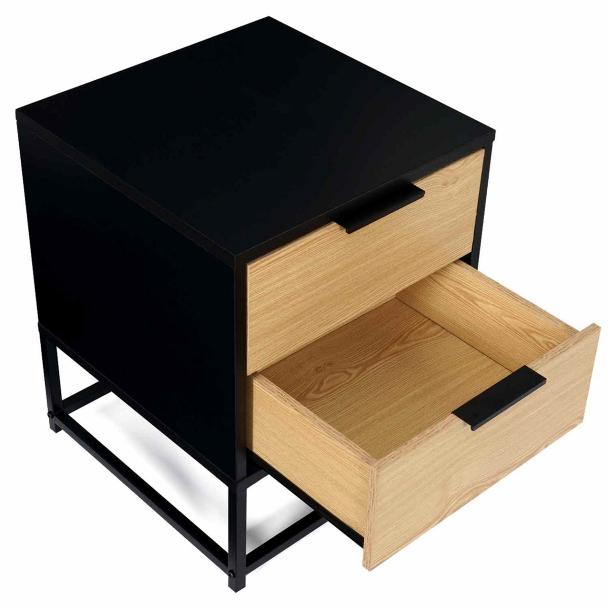 ID MARKET Lot de 2 tables de chevet NEVADA 2 tiroirs noir et bois design industriel