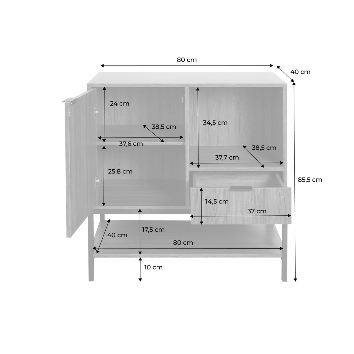 SWEEEK Buffet en décor noyer et pieds et poignées en métal noir L 80cm - 1 porte. 1 tiroir et 2 étagères. buffet haut. vaisselier