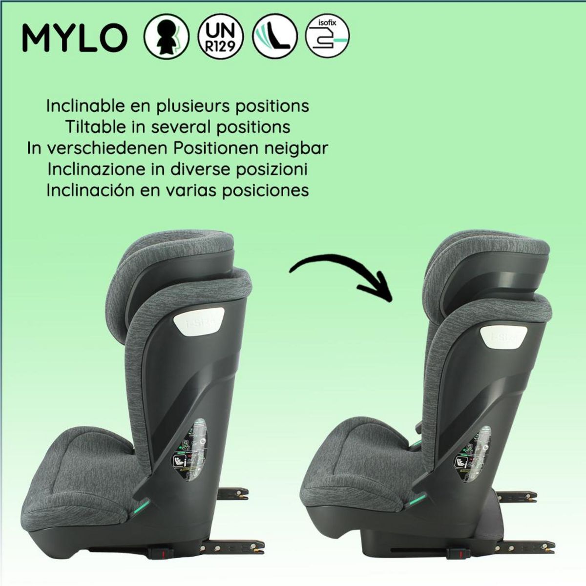NANIA Migo Siège auto réhausseur enfant Mylo inclinable ISOFIX I-size 100-150cm- groupe 2/3 (15-36kg)- Fixations Isofix ou ceinturé