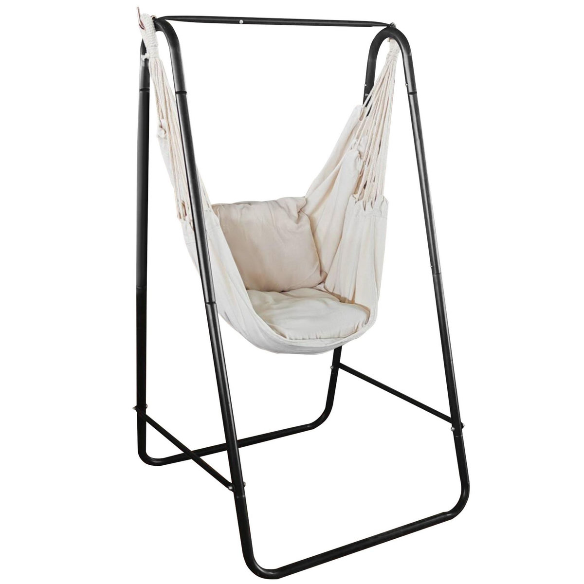 OUTSUNNY Chaise suspendue de jardin avec support et coussin acier noir coton beige