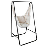 OUTSUNNY Chaise suspendue de jardin avec support et coussin acier noir coton beige