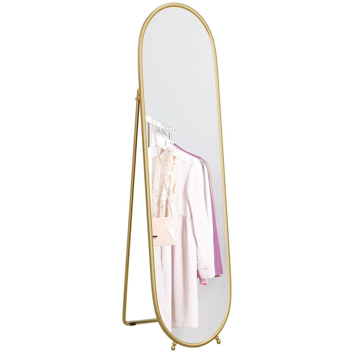 HOMCOM Grand miroir sur pied - miroir mural ovale avec support - dim. 40L x 160H cm - métal doré