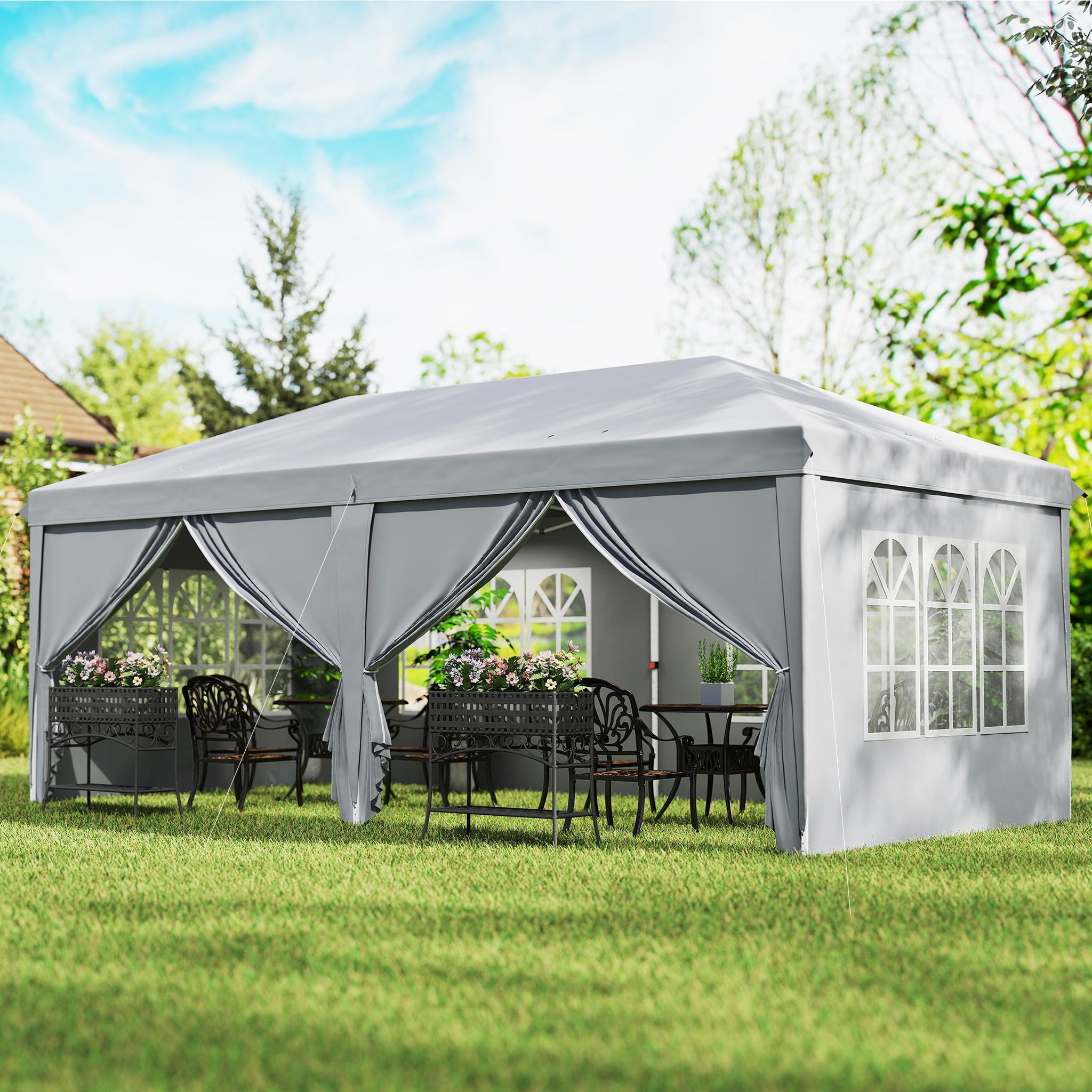Voir la diapositive 2 : OUTSUNNY Tonnelle barnum pliant pop-up imperméabilisé 5,85L x 2,95l x 2,7H m 6 parois latérales amovibles 4 fenêtres + sac de transport gris