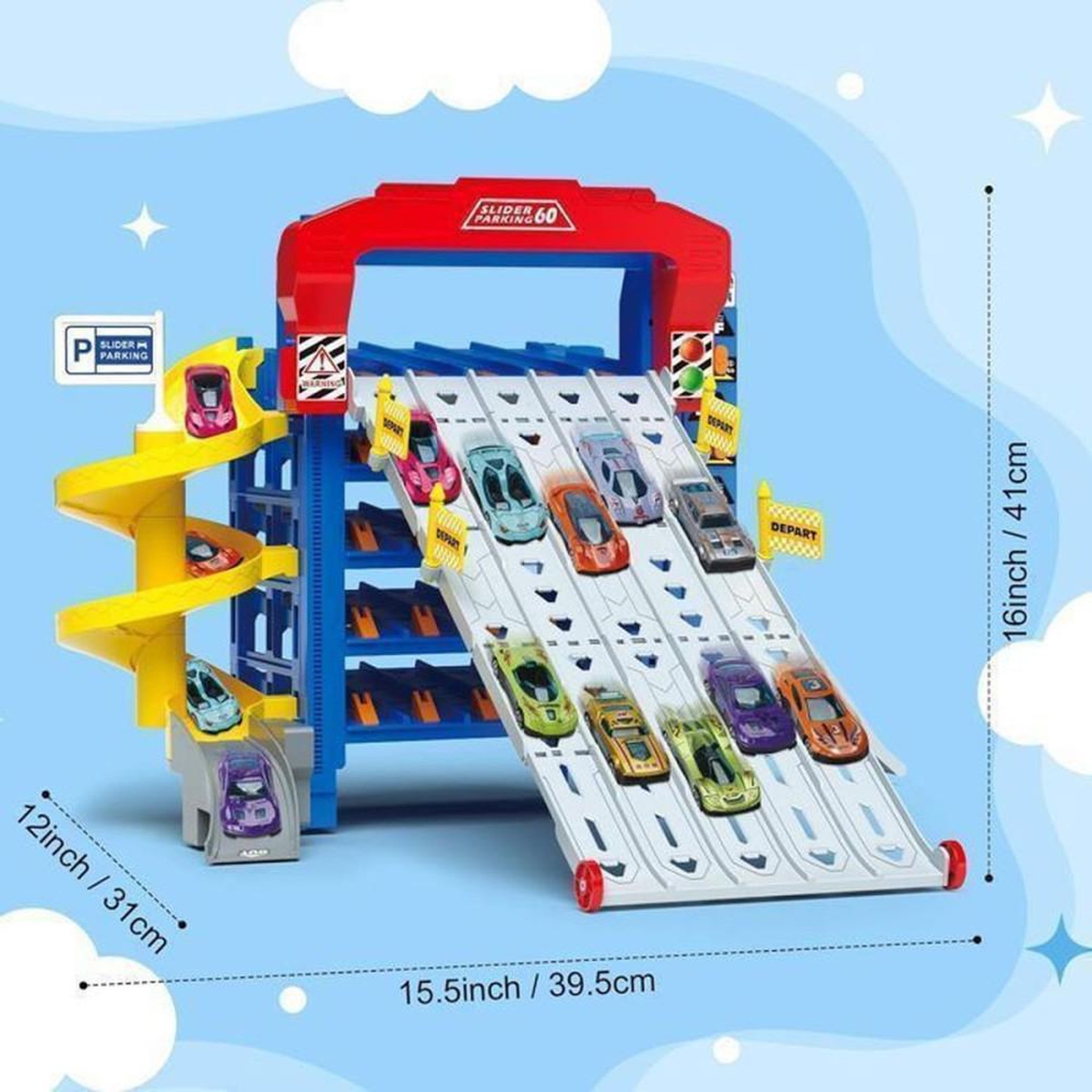Voir la diapositive 5 : Coffret circuit voitures coulissantes 60 avec camion et garage, 10 mini voitures