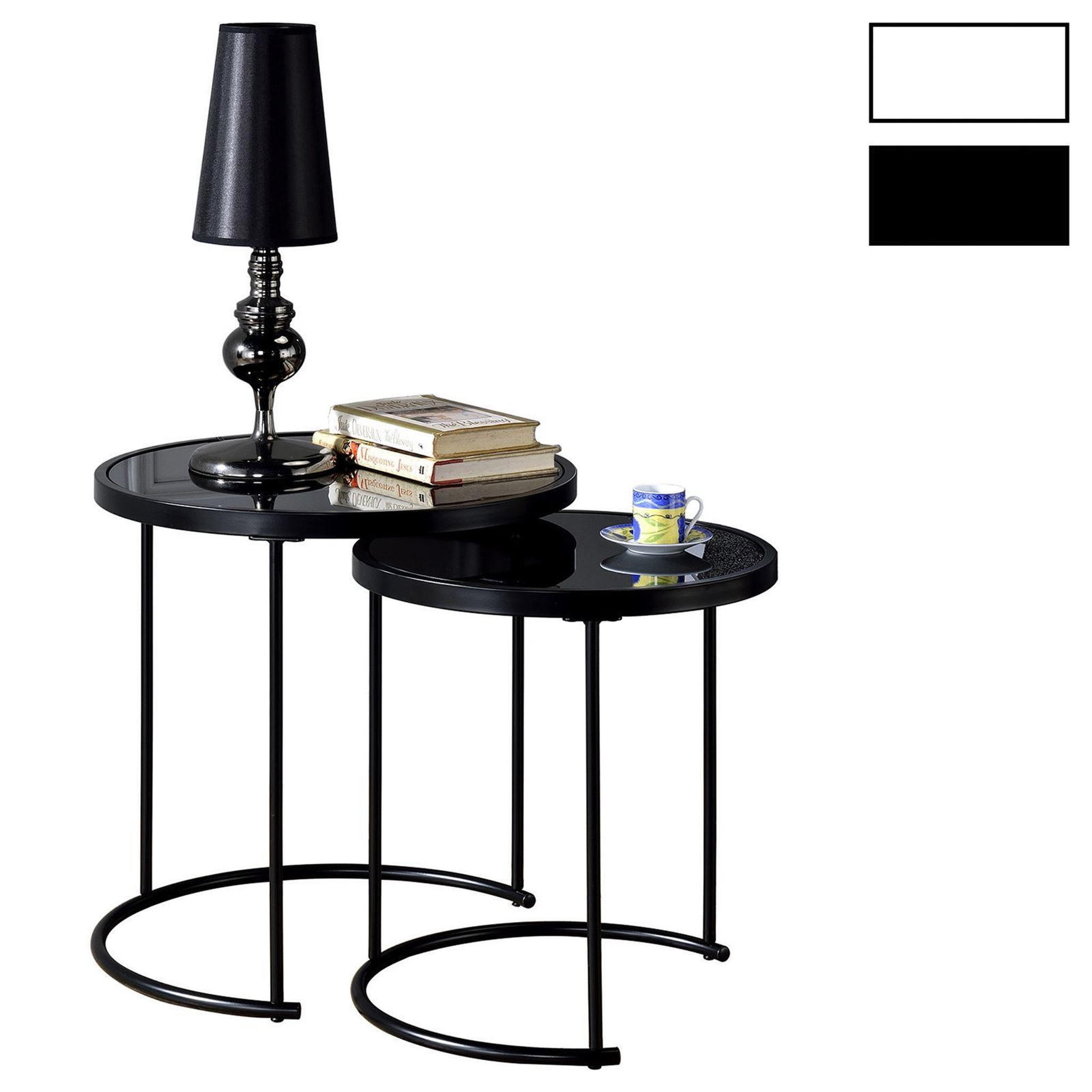 IDIMEX Lot de 2 tables d'appoint gigognes LEYRE, plateau rond en verre. Coloris disponibles : Noir, Blanc