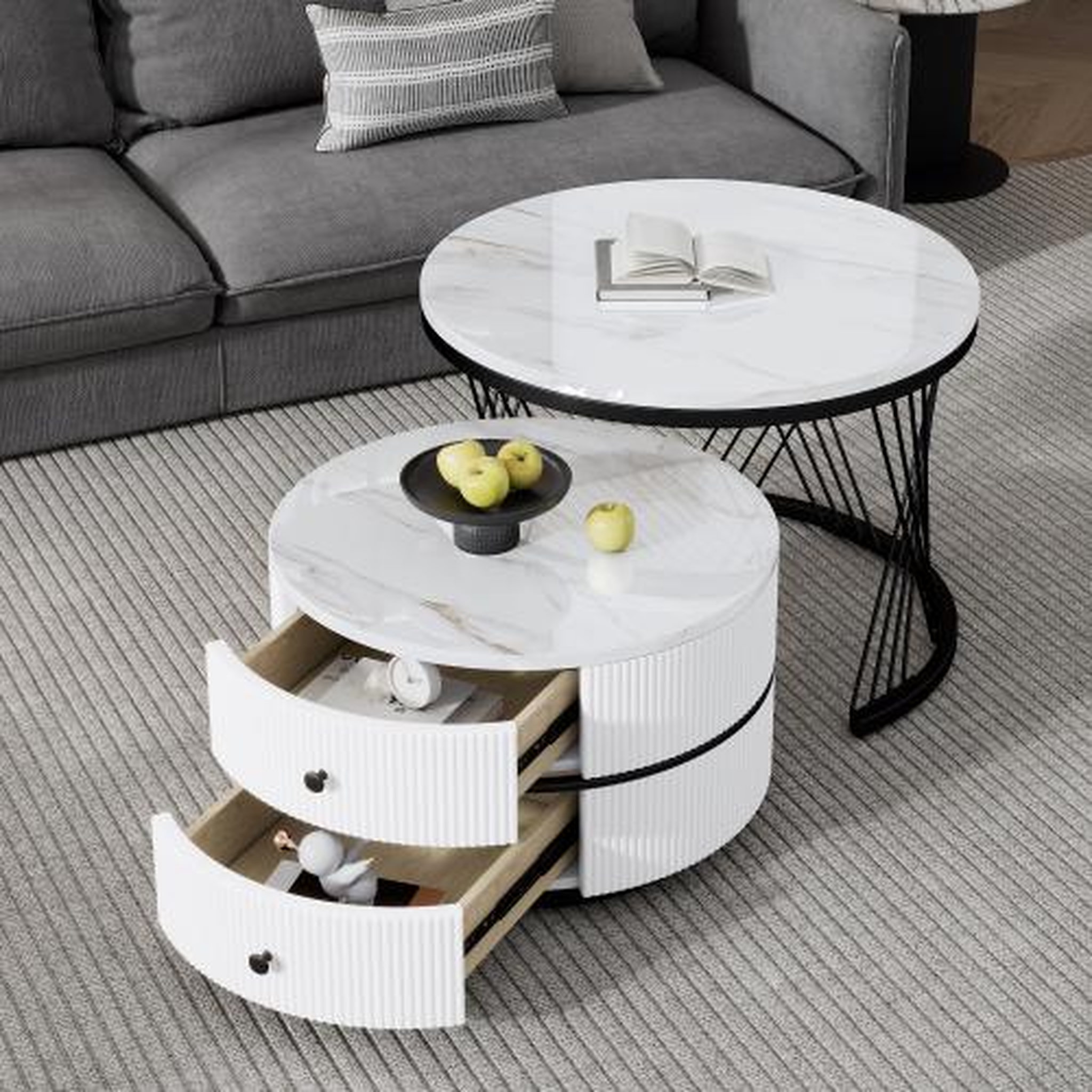 Voir la diapositive 3 : MERAX Lot De 2 Table Basse Gigognes Rond Avec 2 Tiroirs
