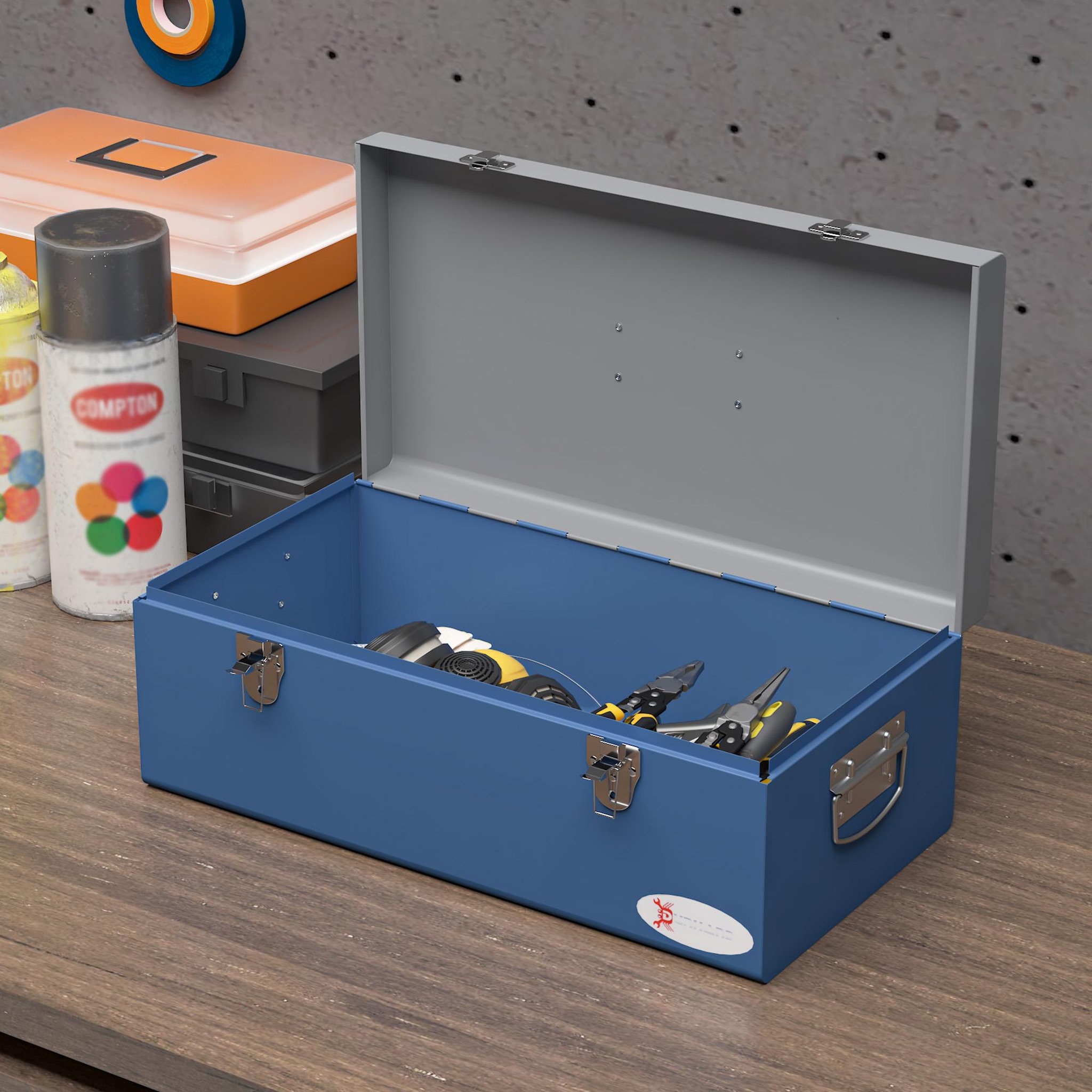 Voir la diapositive 2 : HOMCOM Boite à outils métallique - caisse à outils - verrouillable - tapis eva poignées tôle acier gris bleu