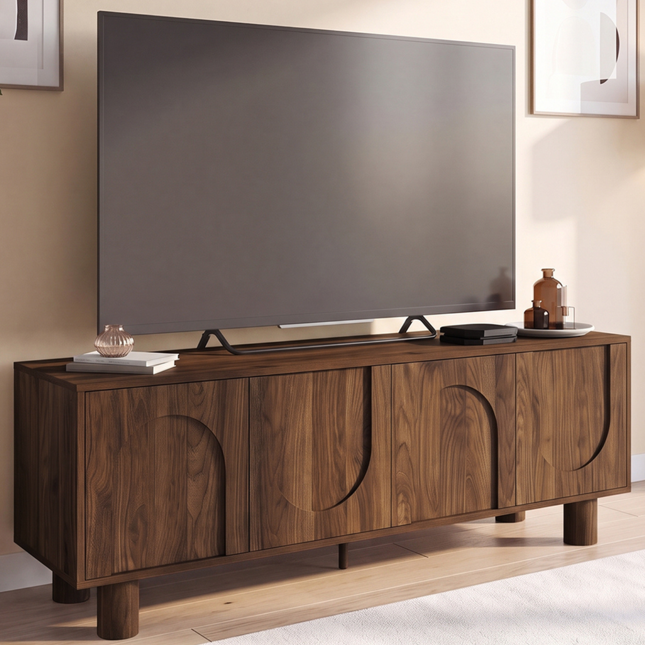 Voir la diapositive 2 : ID MARKET Meuble TV 140 cm ARCHIE 4 portes effet noyer