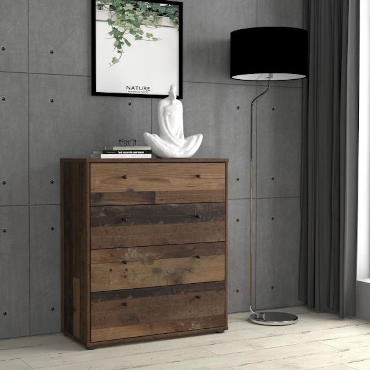 MARKET24 Commode - TEMPRA - 4 tiroirs - Vieux bois - 73,7 x 34,8 x 85,5 cm