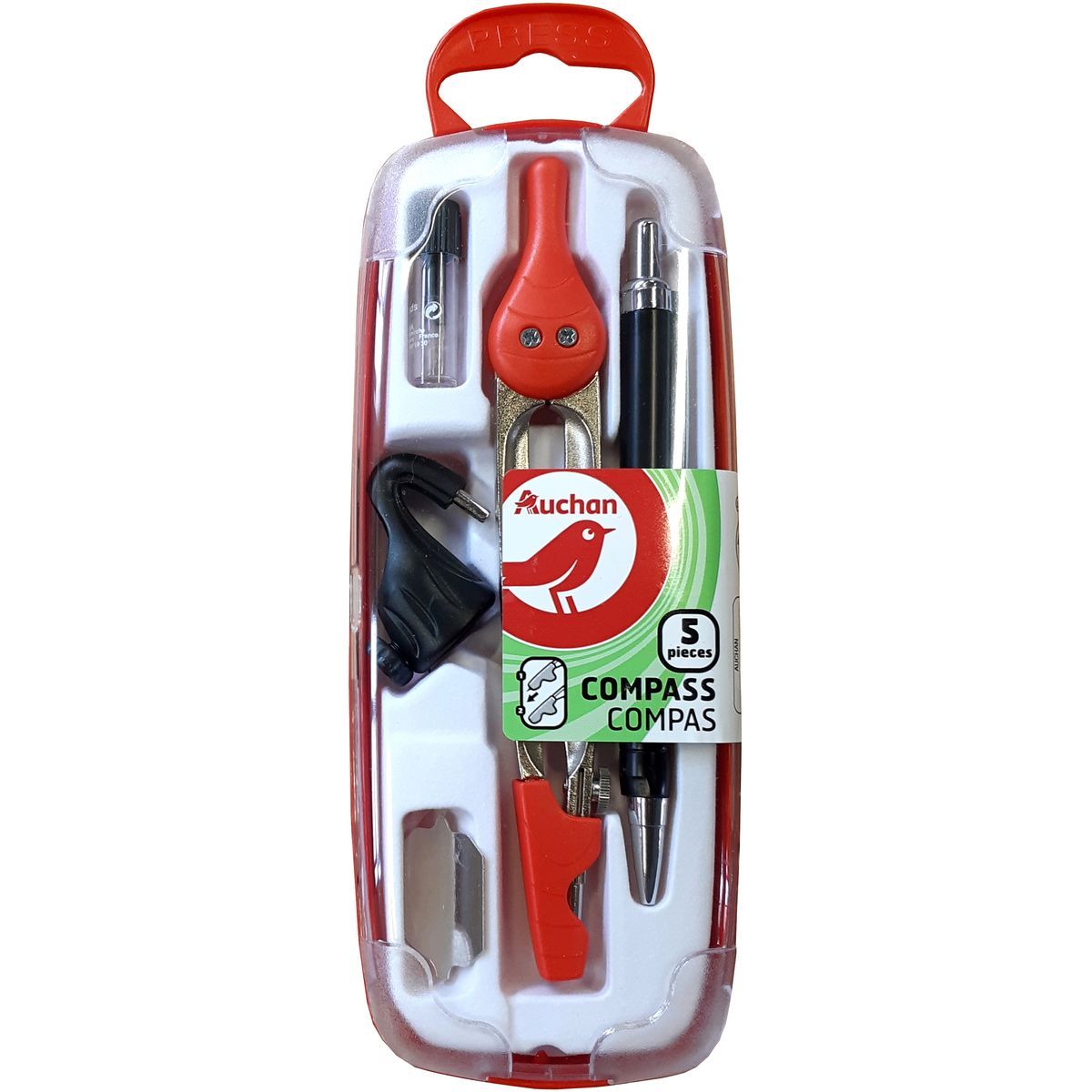 AUCHAN Coffret compas à bague et à mine métal 5 pièces rouge
