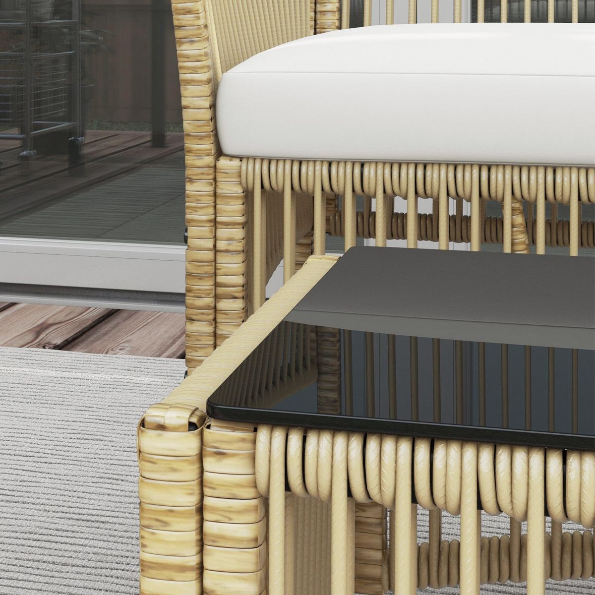 OUTSUNNY Salon de jardin 4 places 4 pièces style colonial table basse coussins inclus résine tressée filée aspect rotin beige