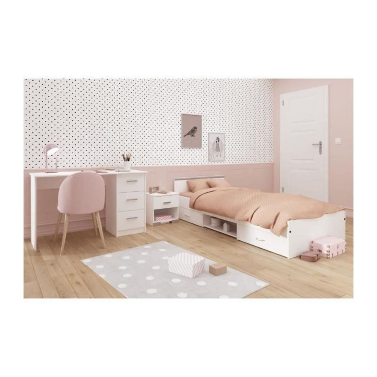 PARISOT Chambre complete enfant 3 pieces ZODIAC - Lit + chevet + bureau - Décor blanc mat - PARISOT